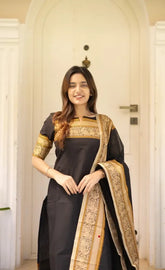 Black And Yellow Shade Kanchi Cotton Salwar With Duppata For Women