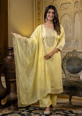 Women Yellow Embellished Straight Kurta Suit Set
