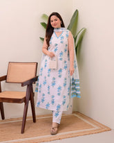 Women Blue Floral Print Straight Kurta with Pants & Dupatta