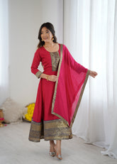 Premium Quality Pink Bluming Vichitra fabric with Jacquard Weaving Lace Border Duptta Gown