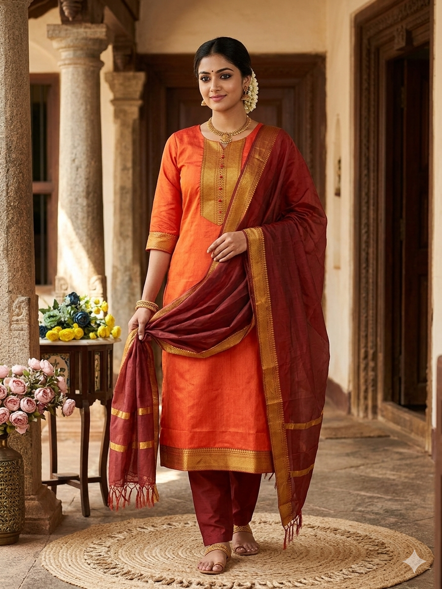 New Pure Kanchi Cotton Trendy Kurta Pant Dupatta Set