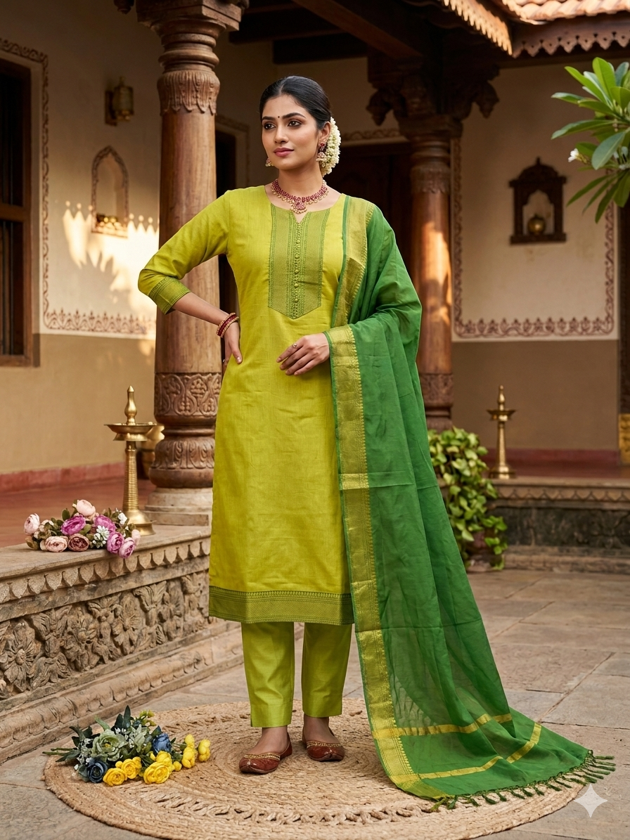 New Pure Kanchi Cotton Trendy Kurta Pant Dupatta Set