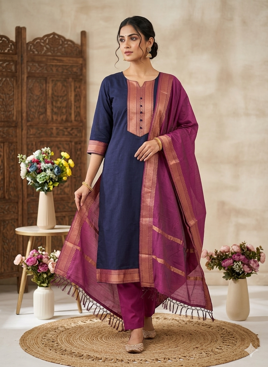 New Pure Kanchi Cotton Trendy Kurta Pant Dupatta Set