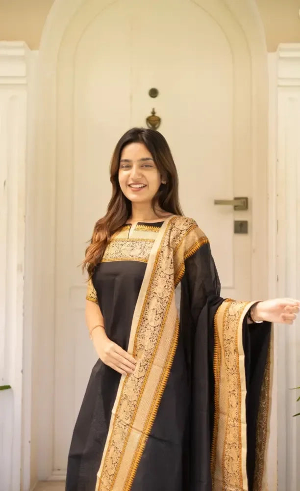 Black And Yellow Shade Kanchi Cotton Salwar With Duppata For Women