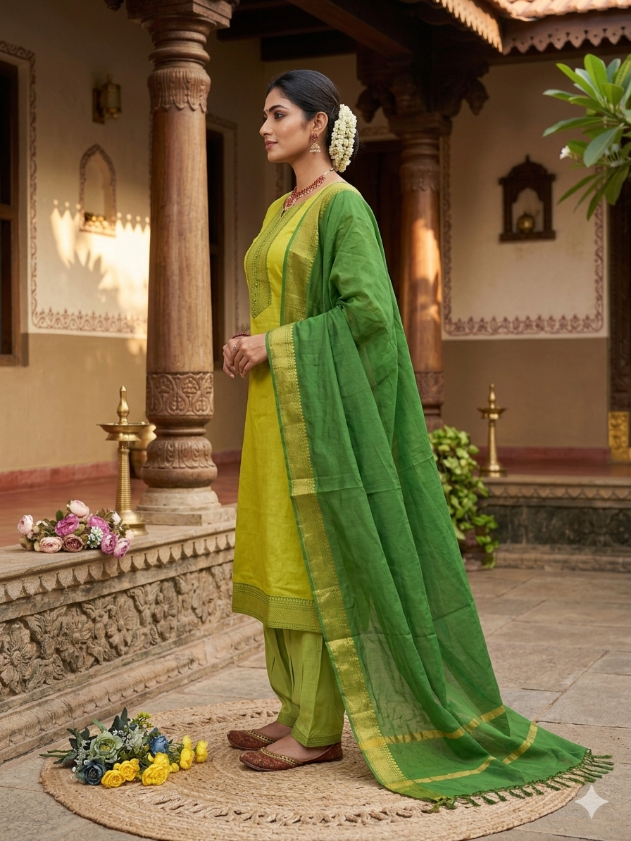 New Pure Kanchi Cotton Trendy Kurta Pant Dupatta Set