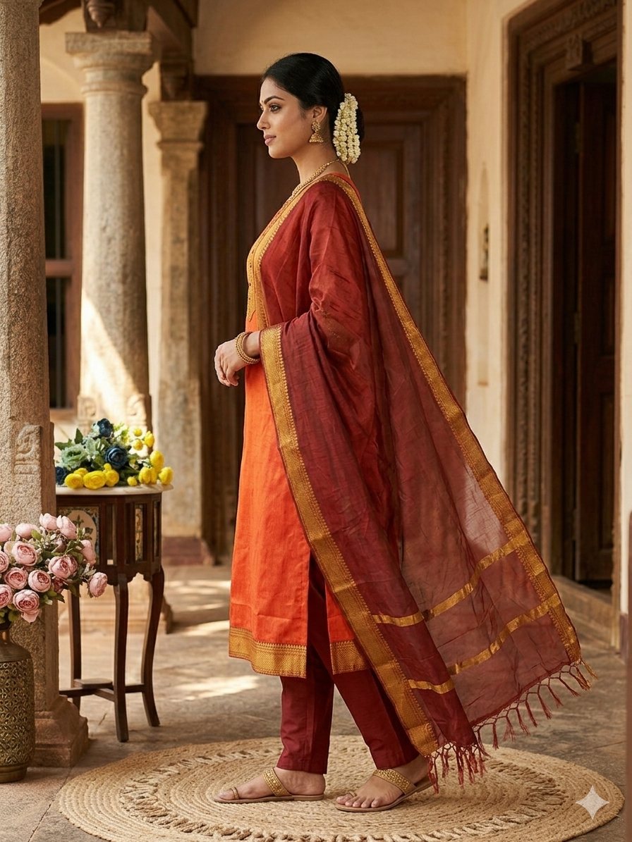 New Pure Kanchi Cotton Trendy Kurta Pant Dupatta Set