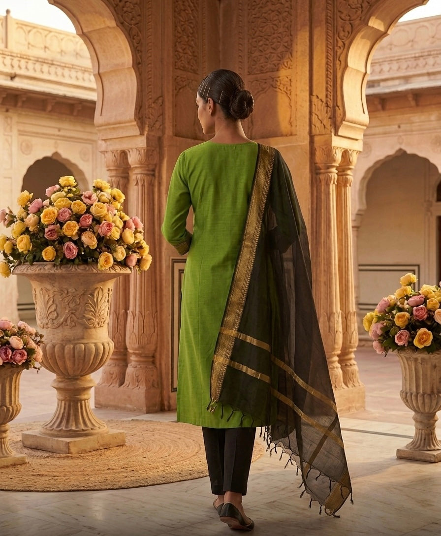 New Pure Kanchi Cotton Trendy Kurta Pant Dupatta Set