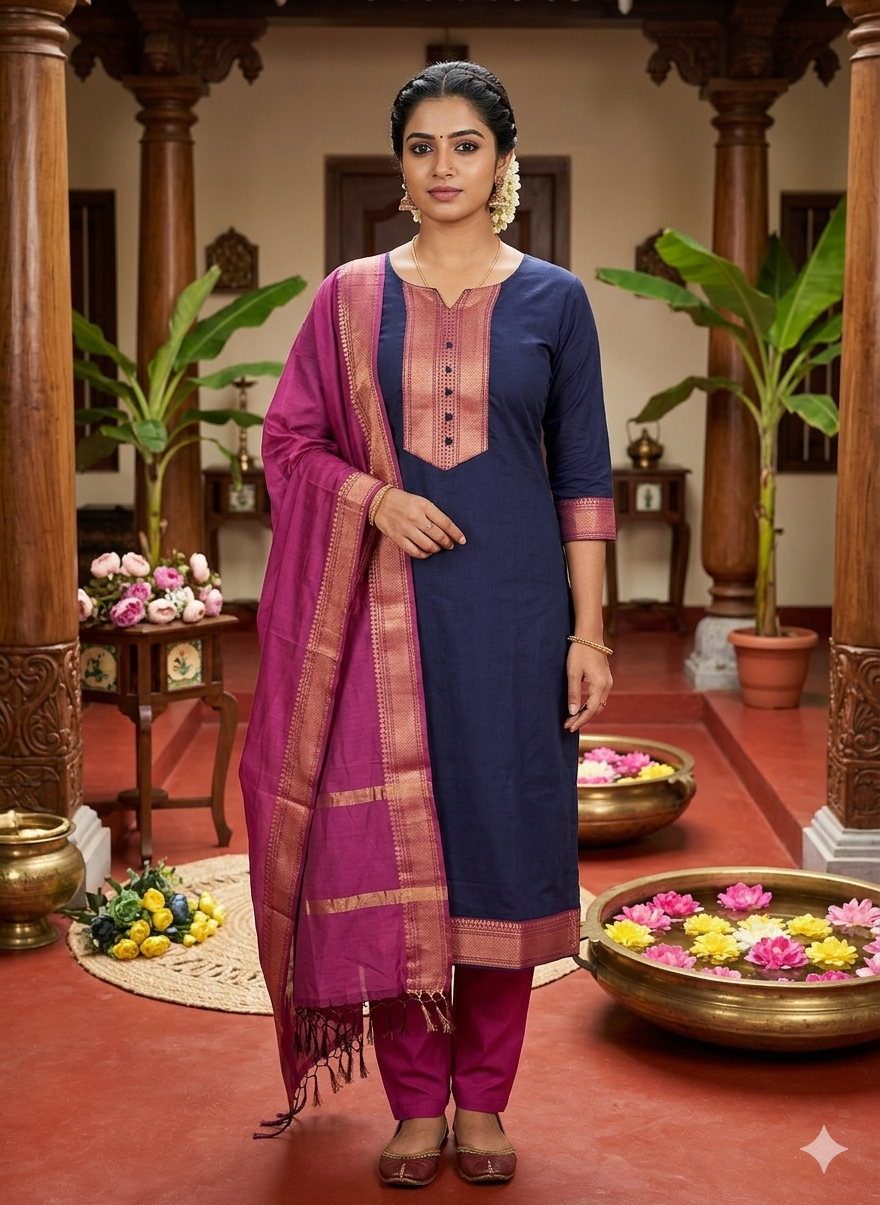 New Pure Kanchi Cotton Trendy Kurta Pant Dupatta Set