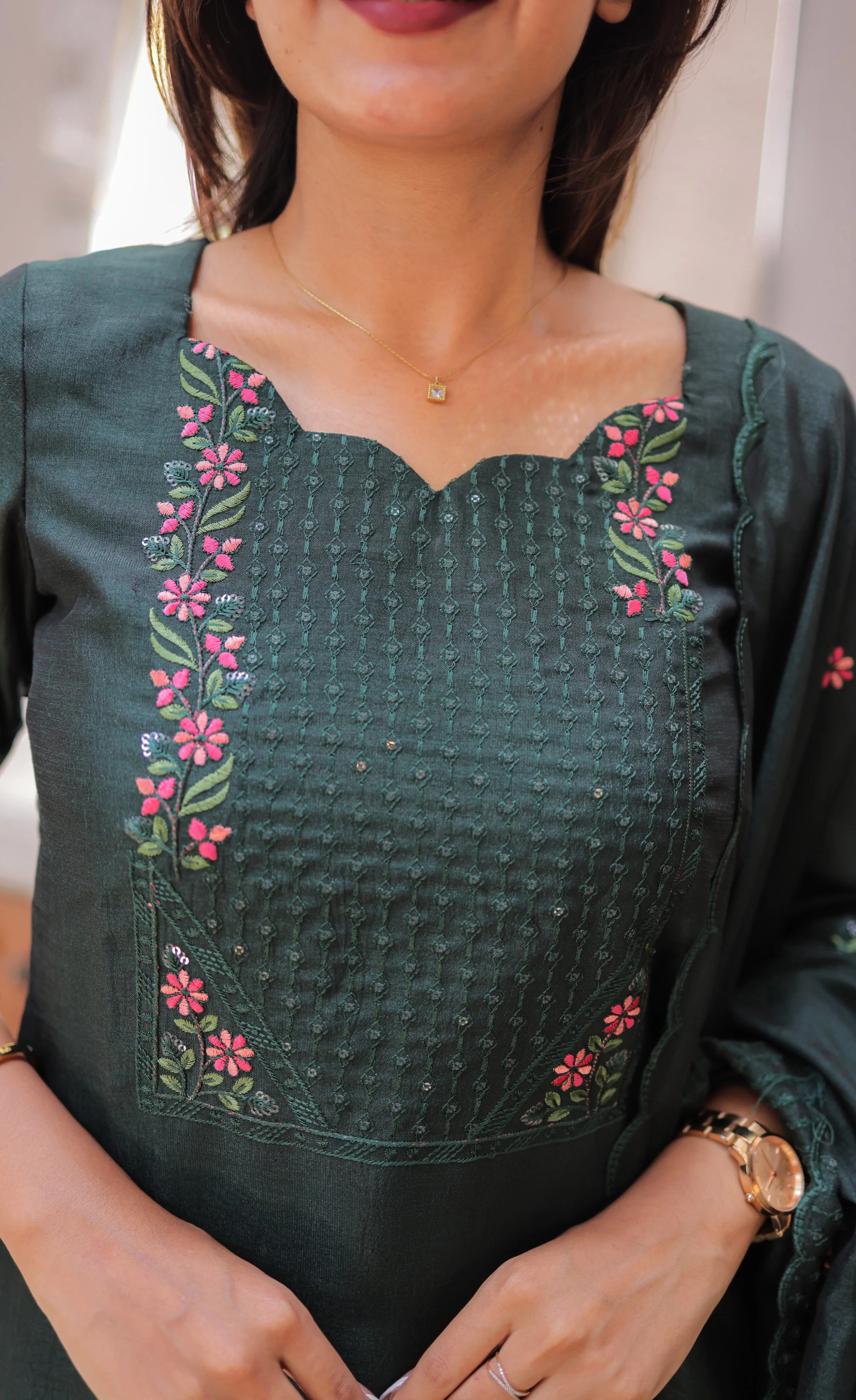 Women l Embroidered Thread Work Chanderi Cotton Kurti & Trousers & Dupatta