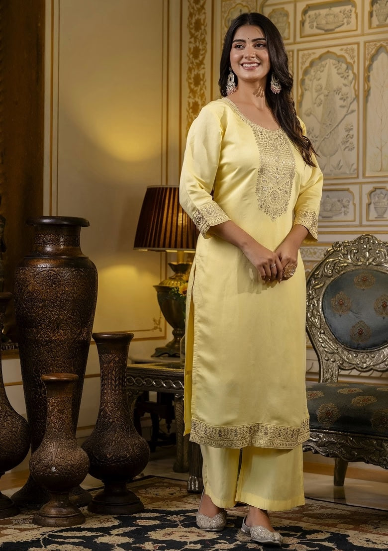 Women Yellow Embellished Straight Kurta Suit Set