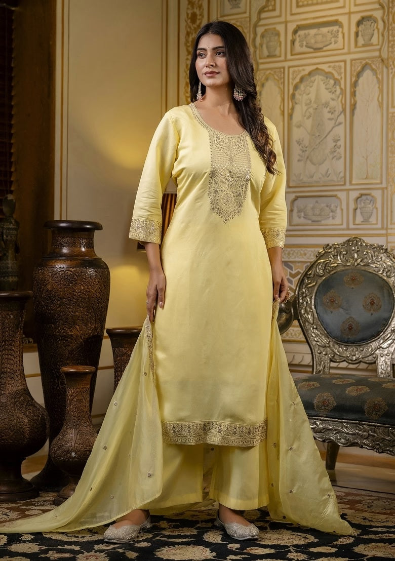 Women Yellow Embellished Straight Kurta Suit Set