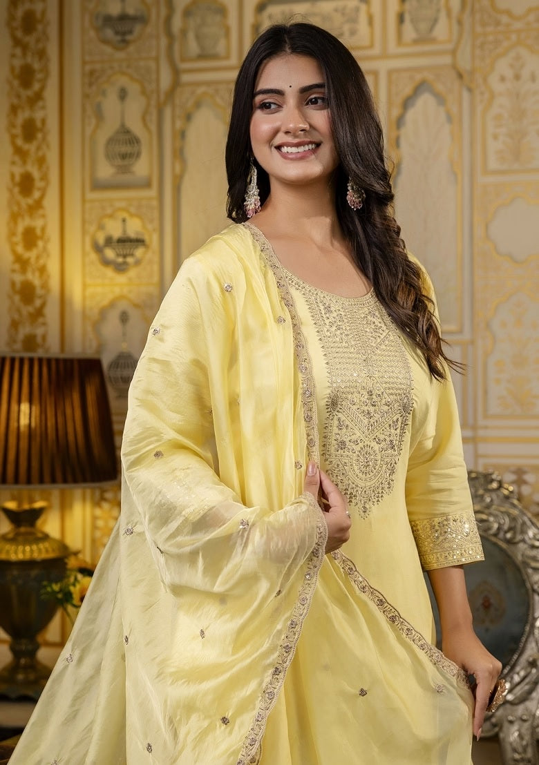 Women Yellow Embellished Straight Kurta Suit Set