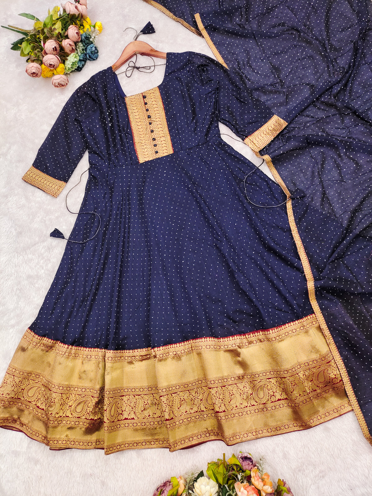 Premium Quality Pure Bluming Vichitra fabric with Jacquard Weaving Lace Border Duptta Gown