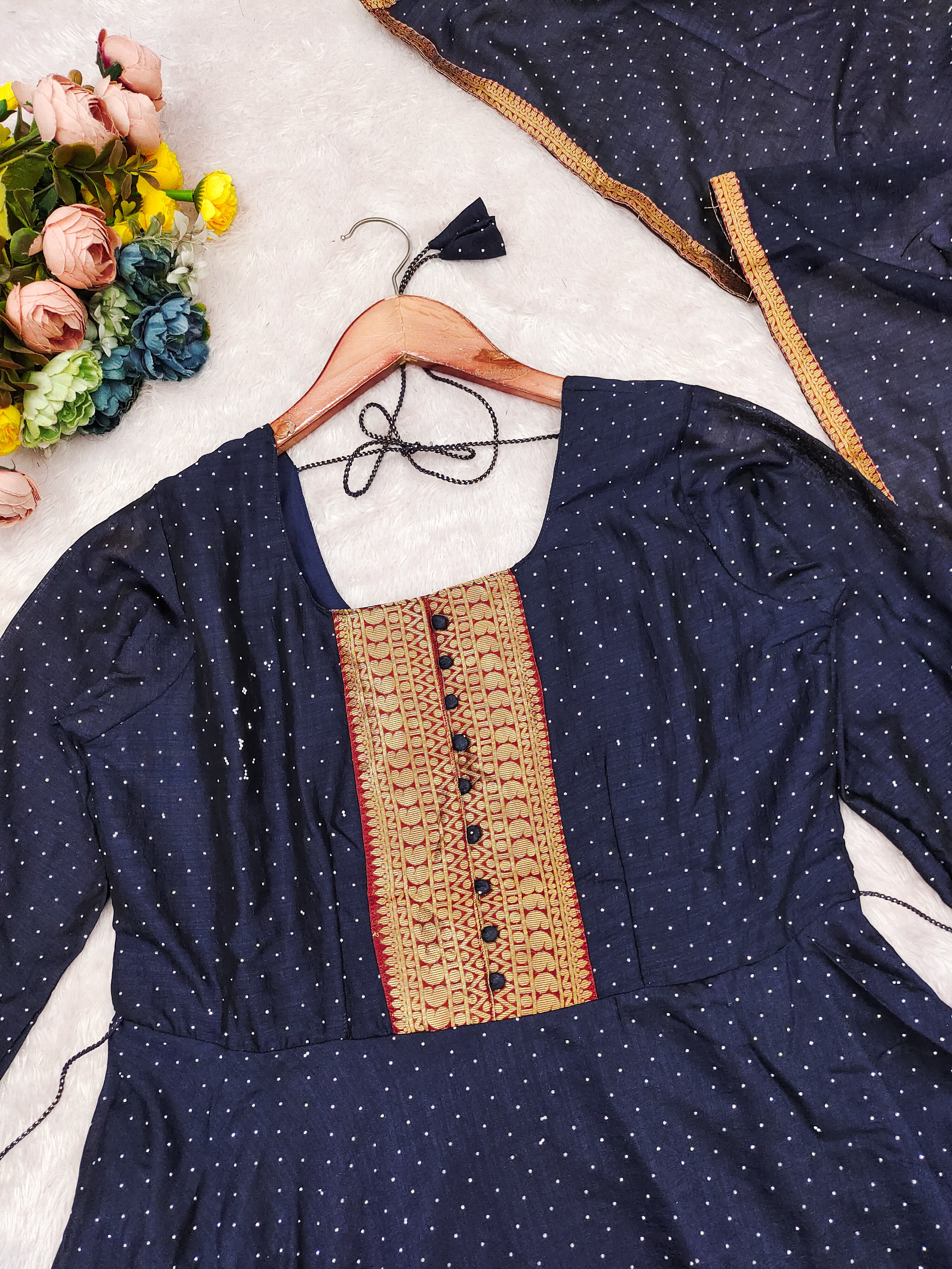 Premium Quality Pure Bluming Vichitra fabric with Jacquard Weaving Lace Border Duptta Gown