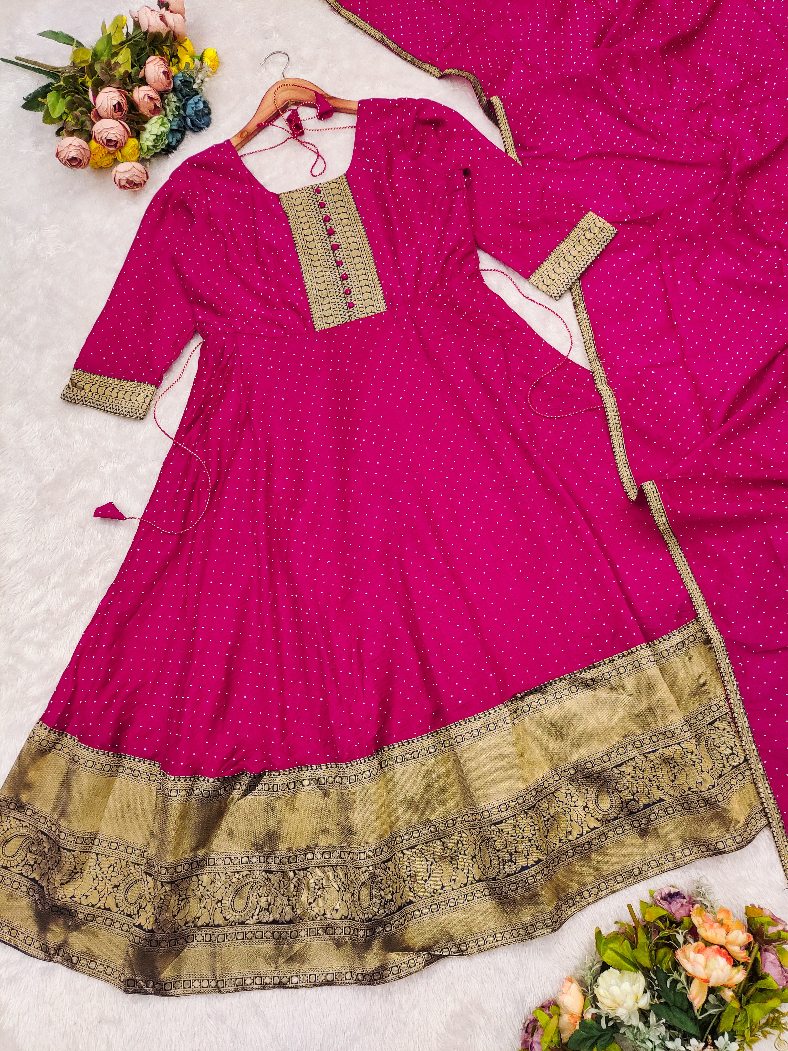 Premium Quality Pure Bluming Vichitra fabric with Jacquard Weaving Lace Border Duptta Gown