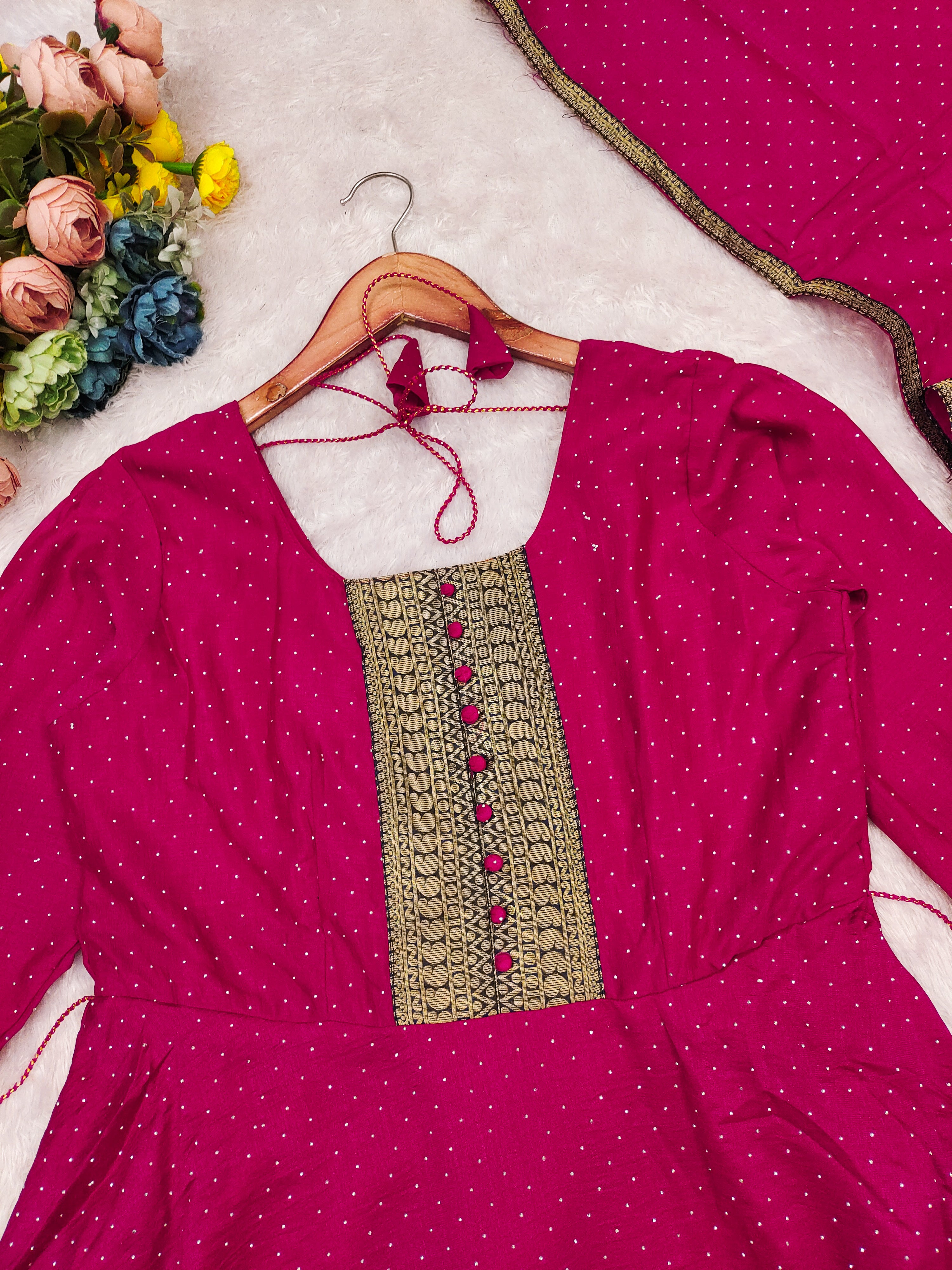 Premium Quality Pure Bluming Vichitra fabric with Jacquard Weaving Lace Border Duptta Gown