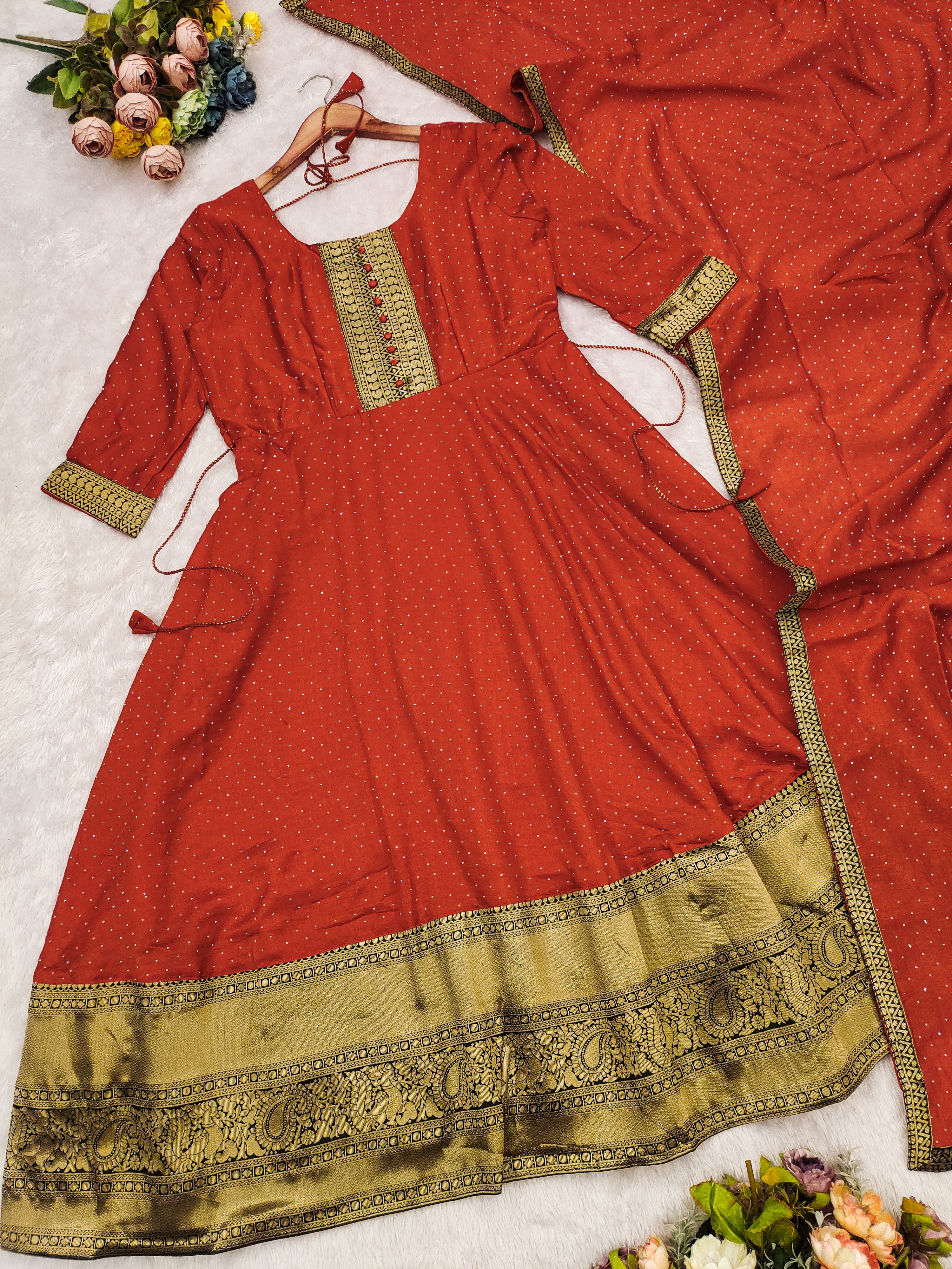 Premium Quality Pure Bluming Vichitra fabric with Jacquard Weaving Lace Border Duptta Gown