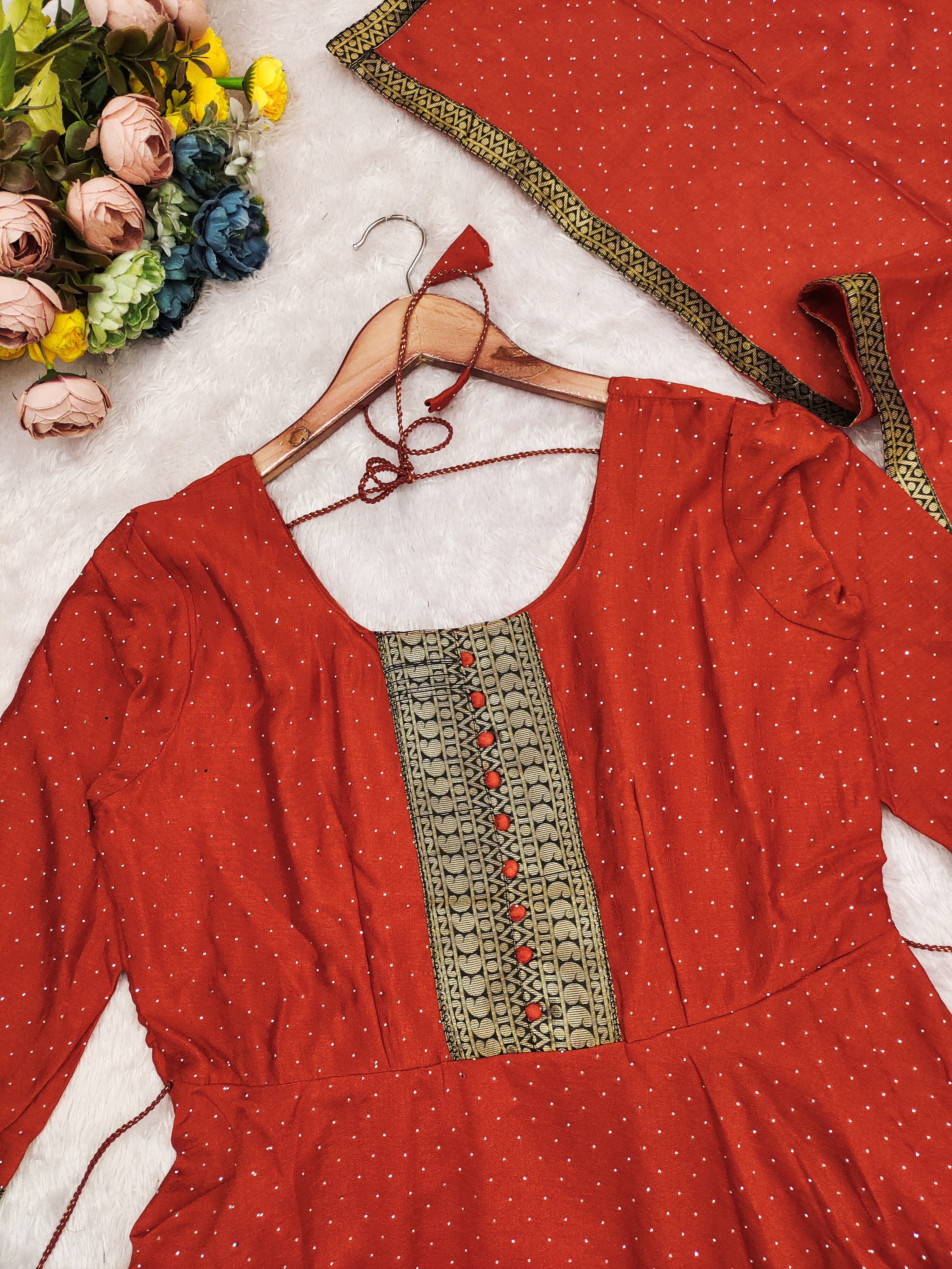 Premium Quality Pure Bluming Vichitra fabric with Jacquard Weaving Lace Border Duptta Gown