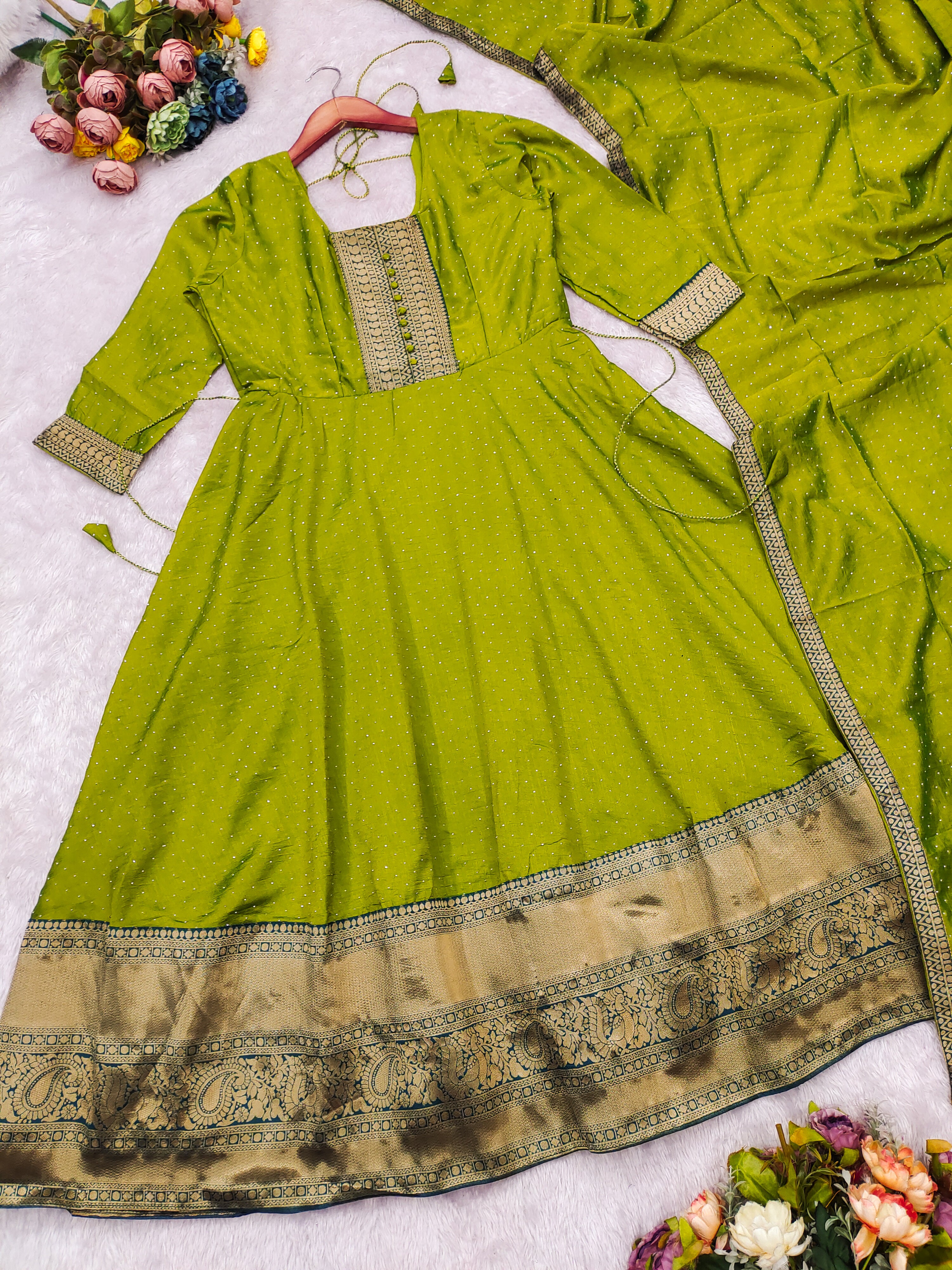 Premium Quality Pure Bluming Vichitra fabric with Jacquard Weaving Lace Border Duptta Gown