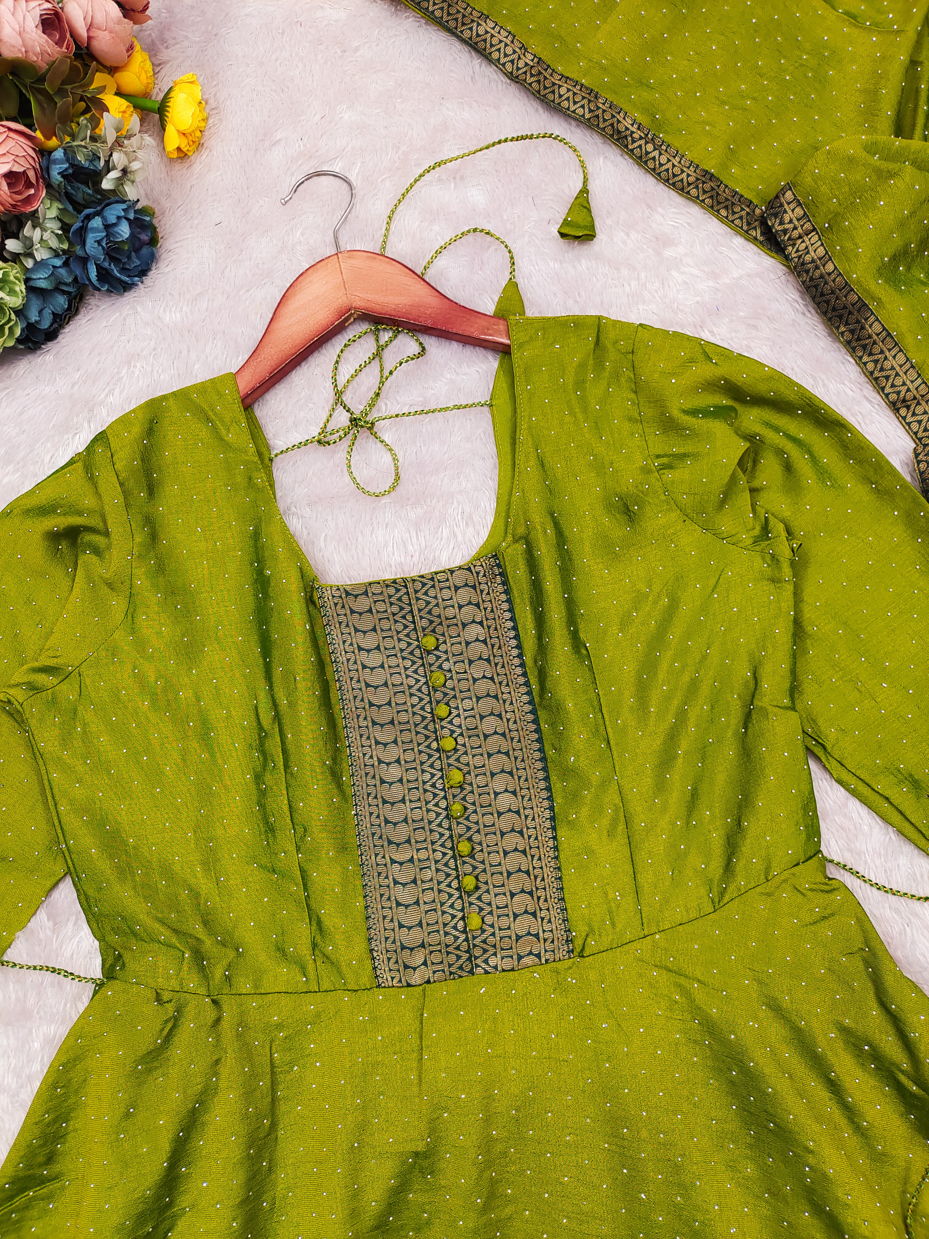 Premium Quality Pure Bluming Vichitra fabric with Jacquard Weaving Lace Border Duptta Gown