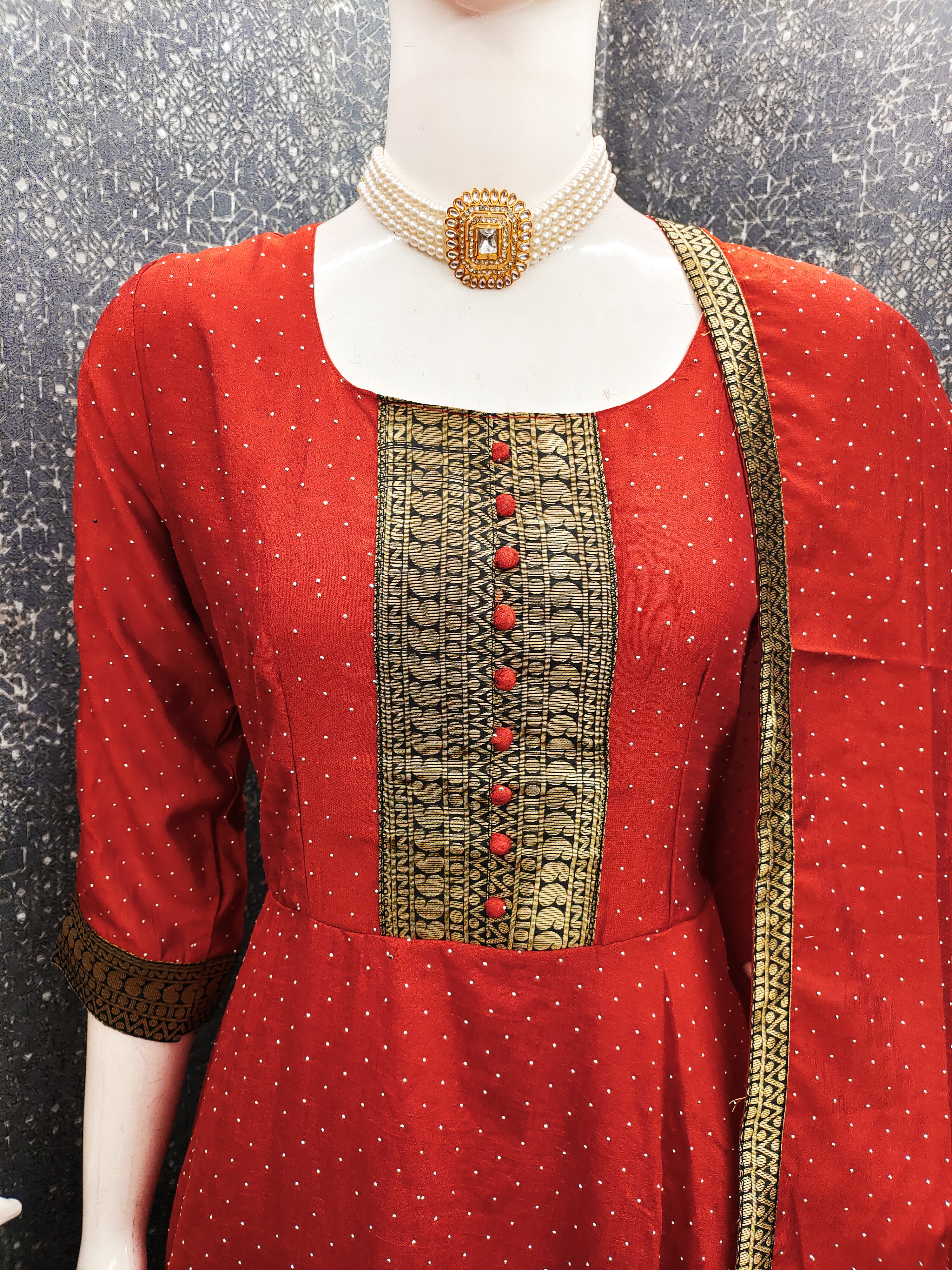 Premium Quality Bluming Vichitra fabric with Jacquard Weaving Lace Border Duptta Gown