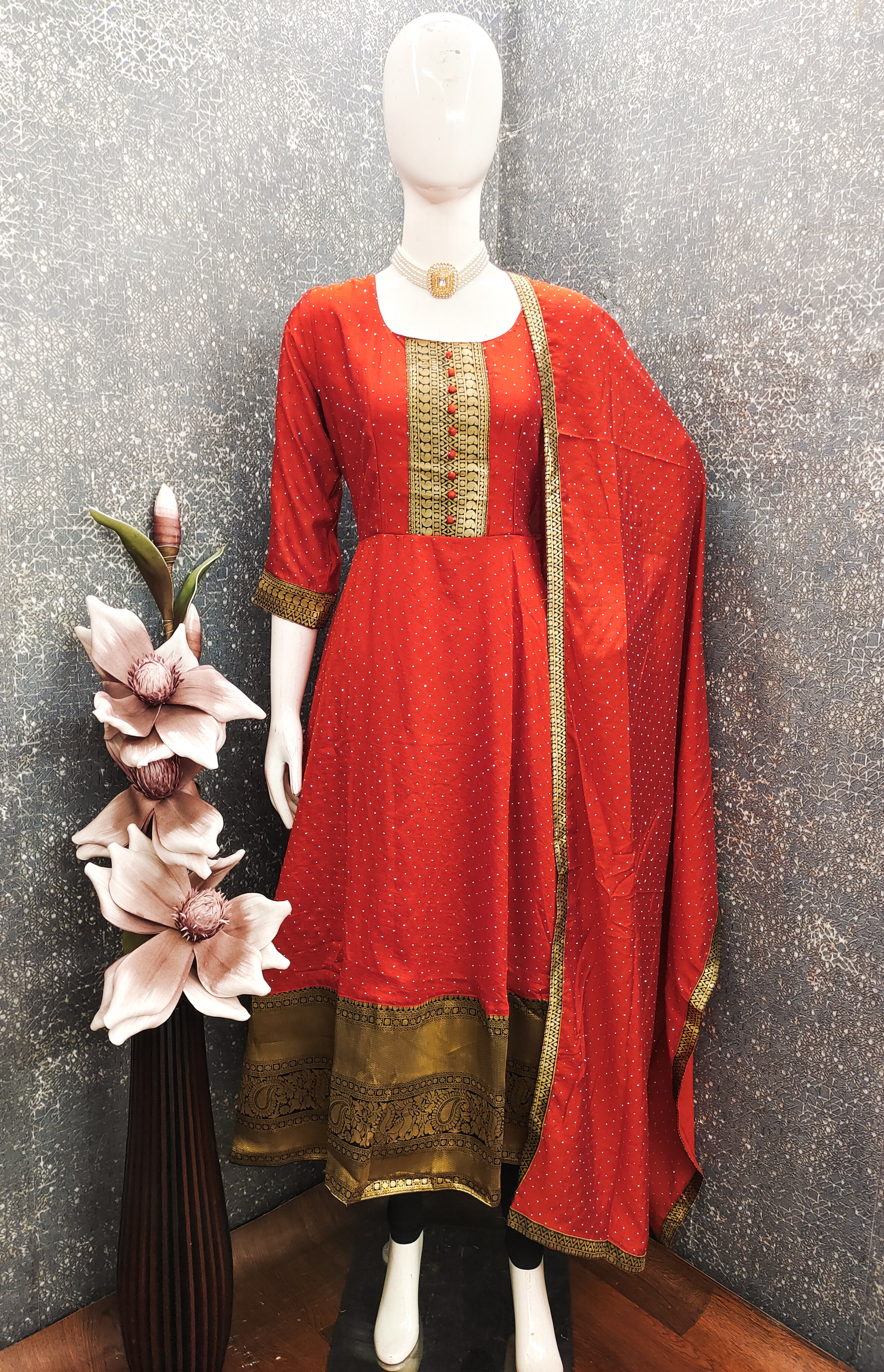 Premium Quality Bluming Vichitra fabric with Jacquard Weaving Lace Border Duptta Gown