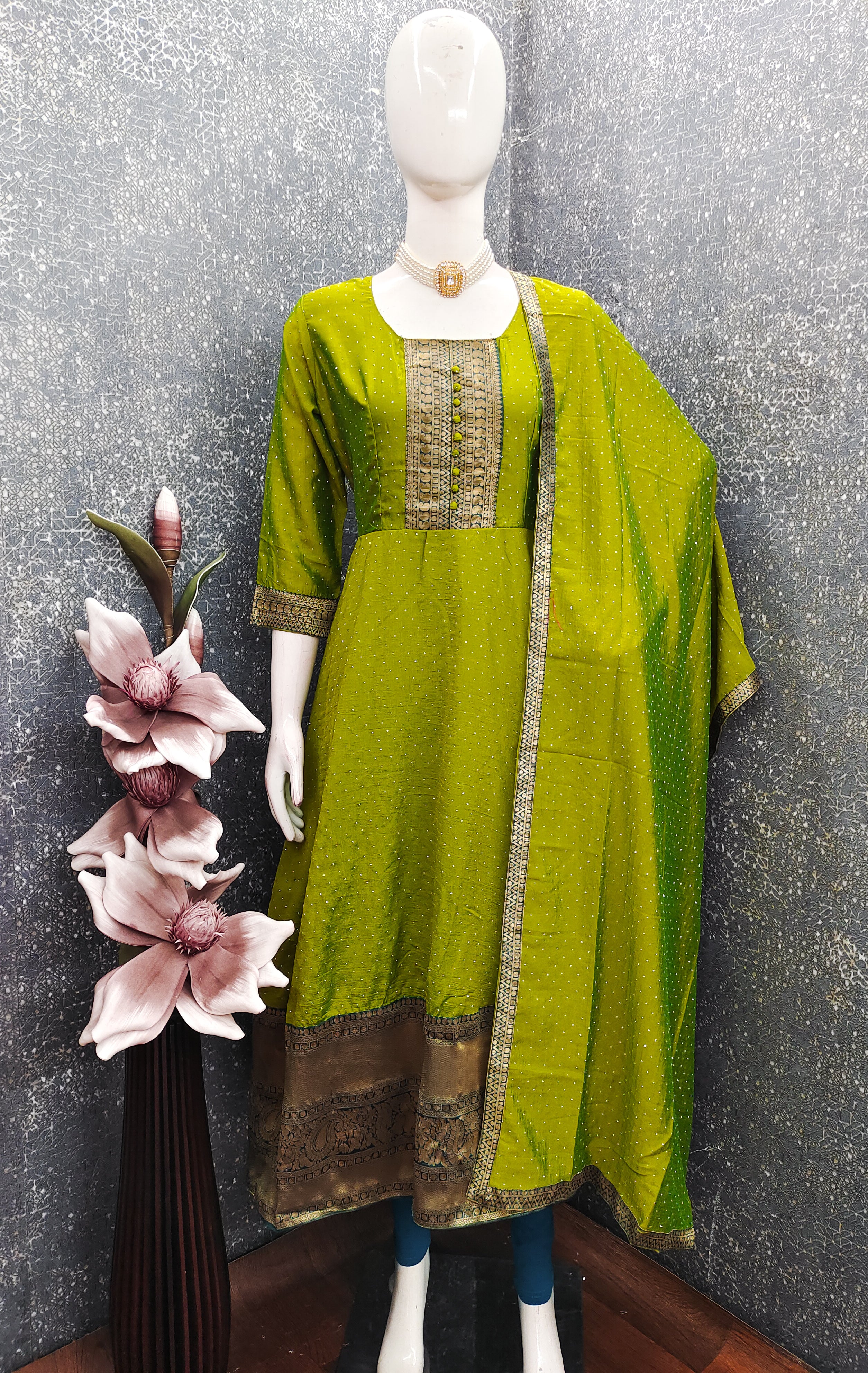 Premium Quality Bluming Vichitra fabric with Jacquard Weaving Lace Border Duptta Gown