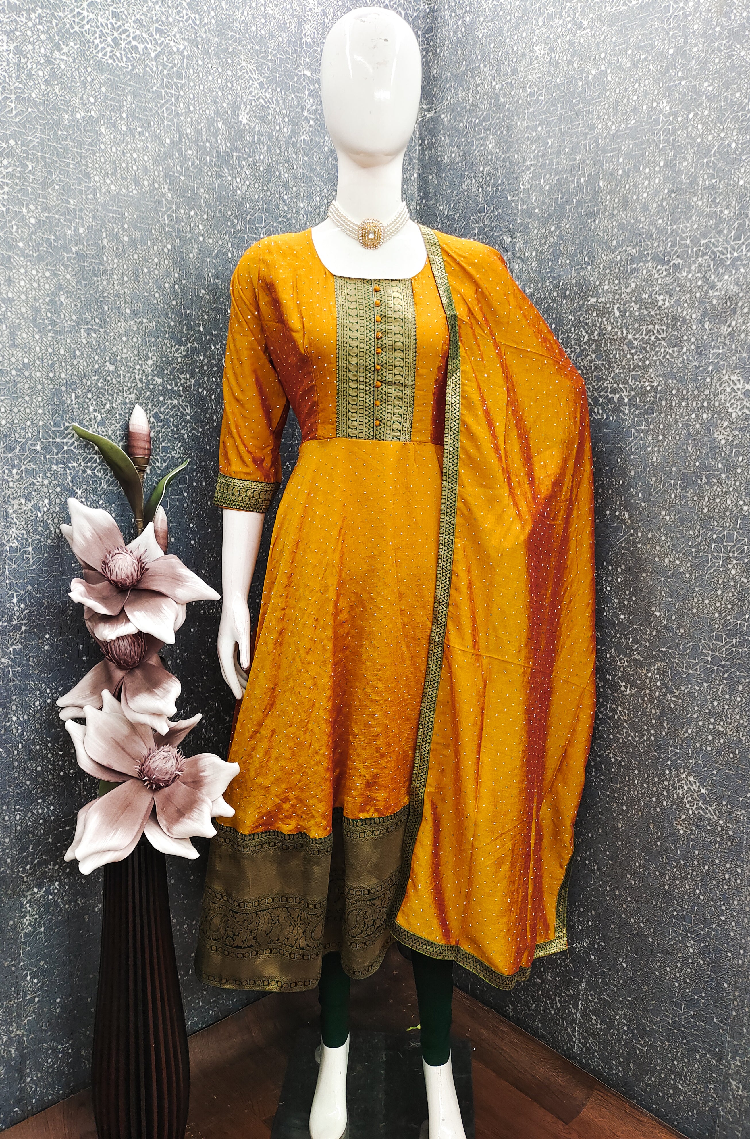 Premium Quality Bluming Vichitra fabric with Jacquard Weaving Lace Border Duptta Gown