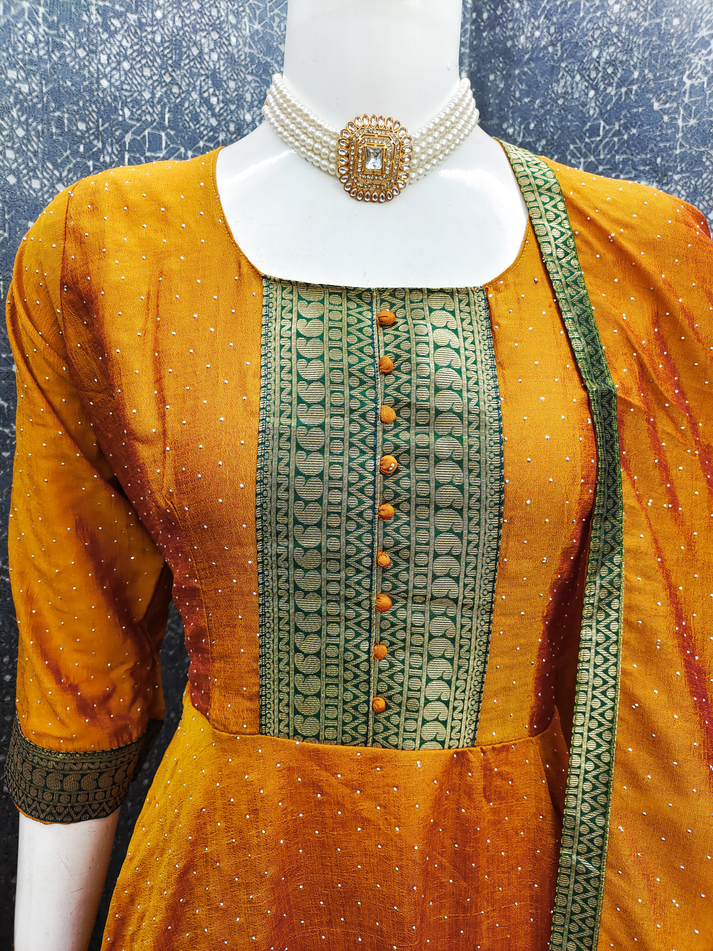 Premium Quality Bluming Vichitra fabric with Jacquard Weaving Lace Border Duptta Gown