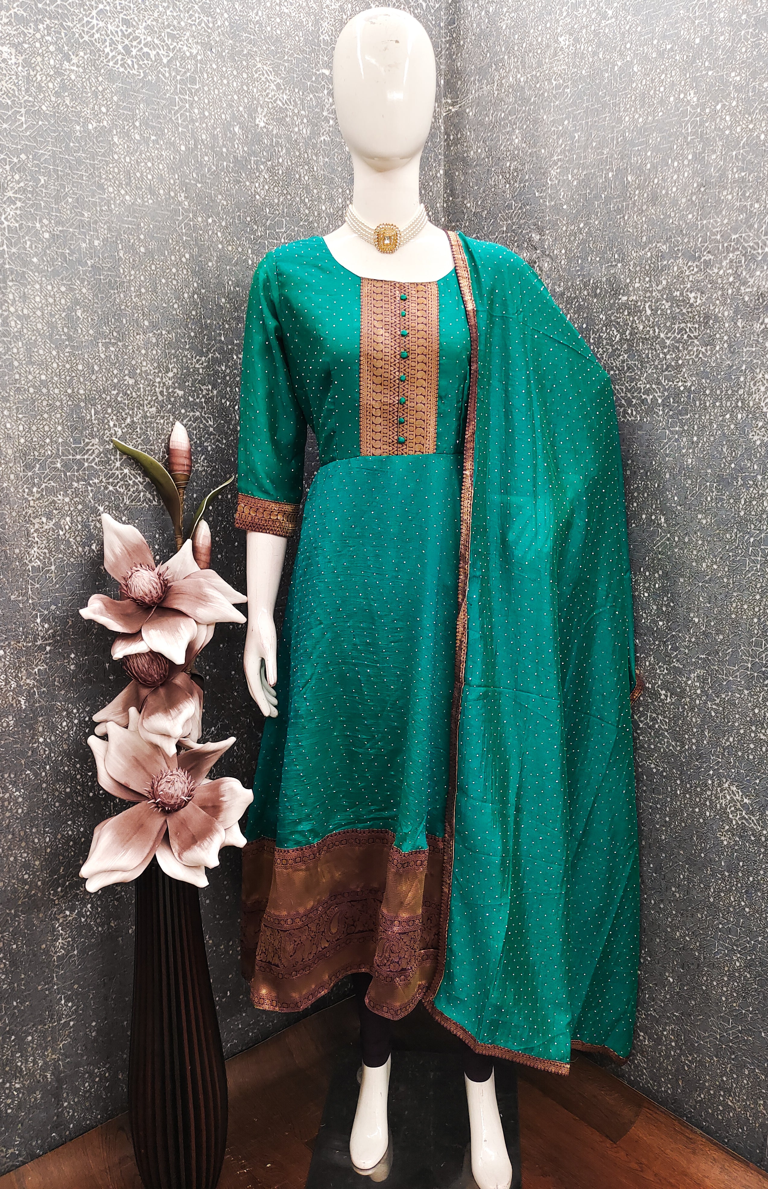 Premium Quality Bluming Vichitra fabric with Jacquard Weaving Lace Border Duptta Gown