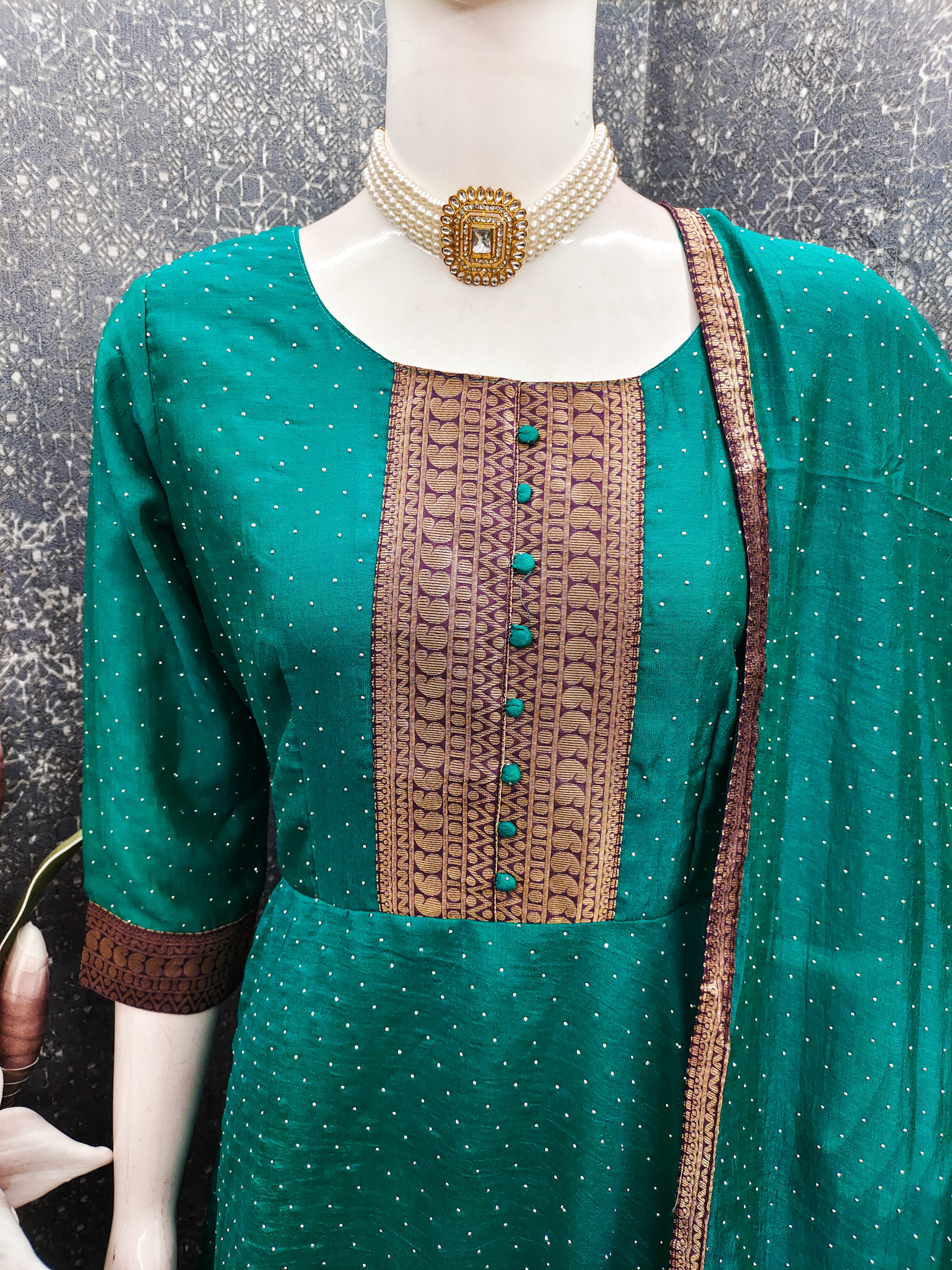 Premium Quality Bluming Vichitra fabric with Jacquard Weaving Lace Border Duptta Gown