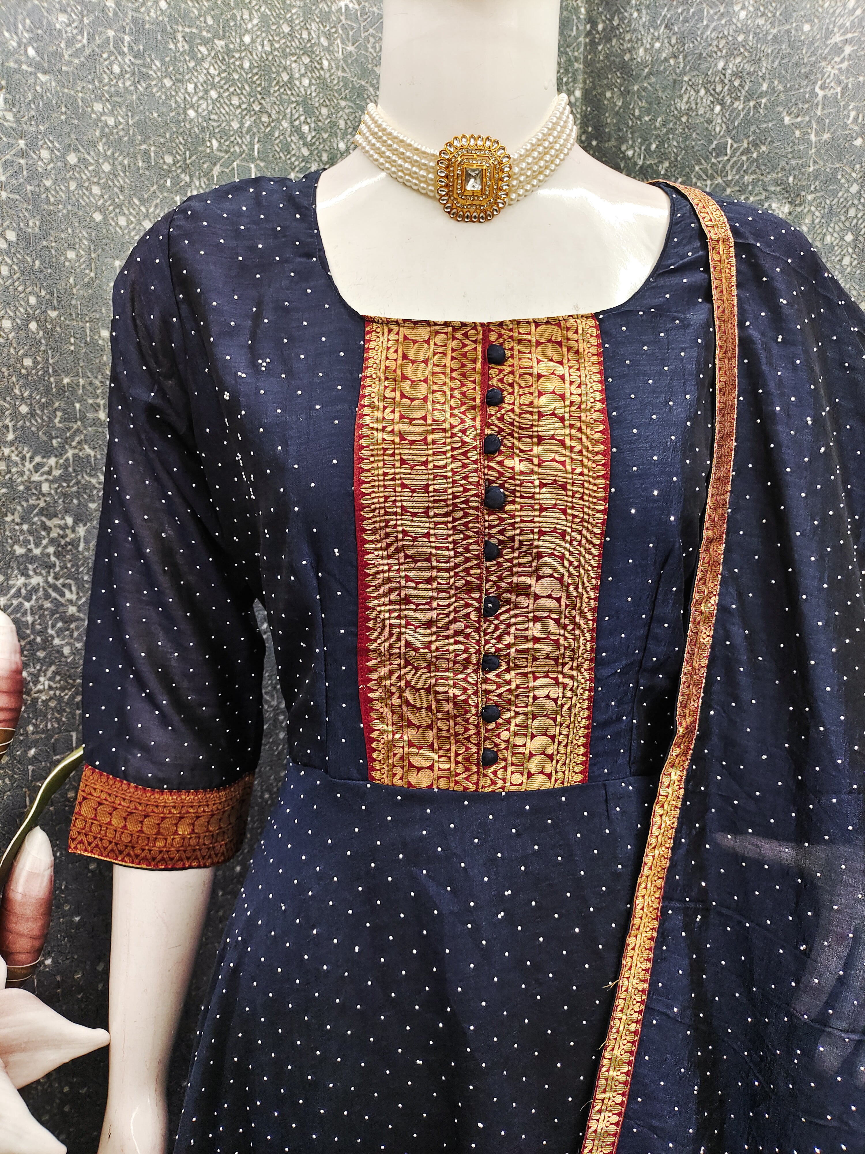 Premium Quality Bluming Vichitra fabric with Jacquard Weaving Lace Border Duptta Gown