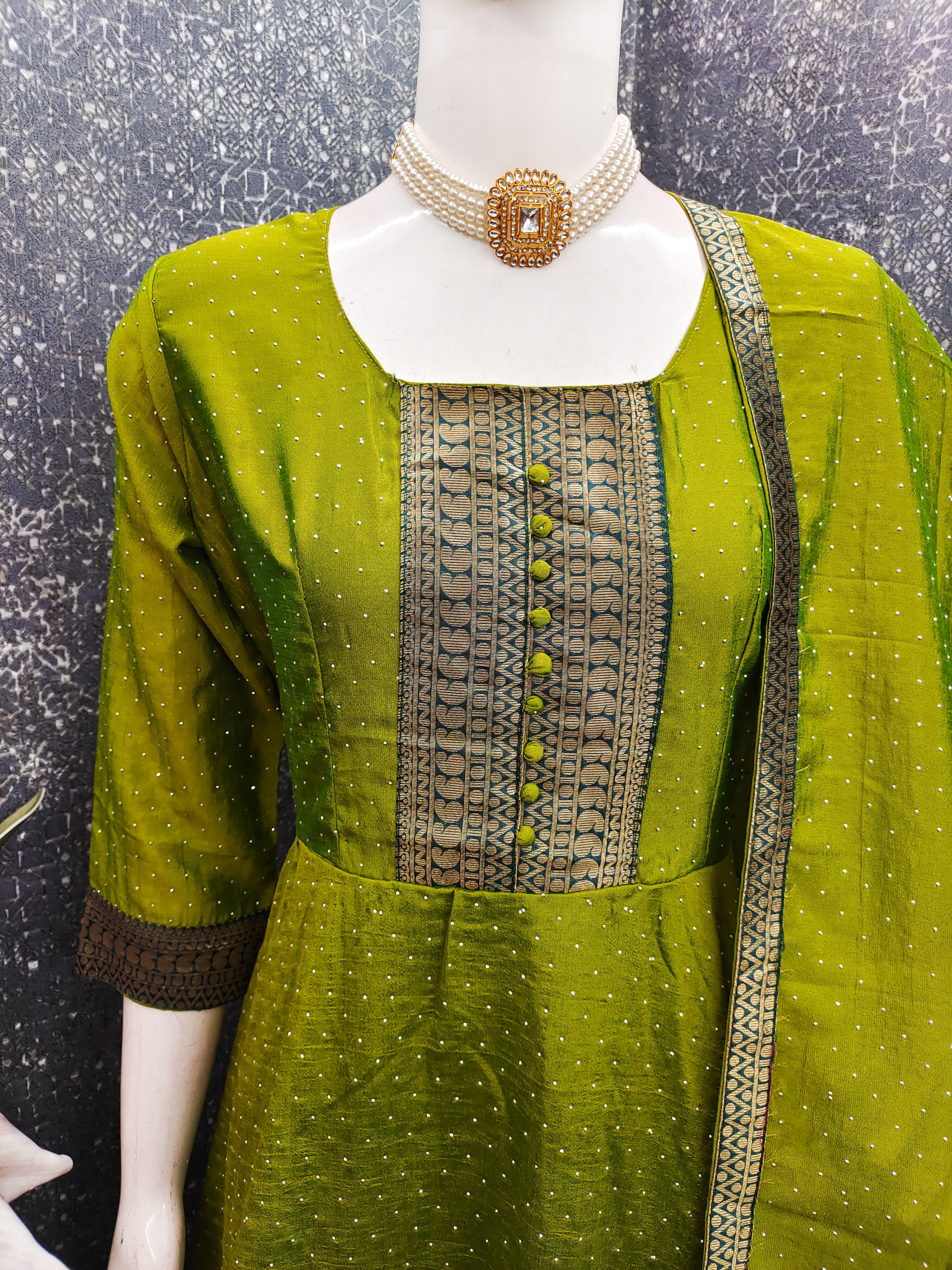 Premium Quality Bluming Vichitra fabric with Jacquard Weaving Lace Border Duptta Gown