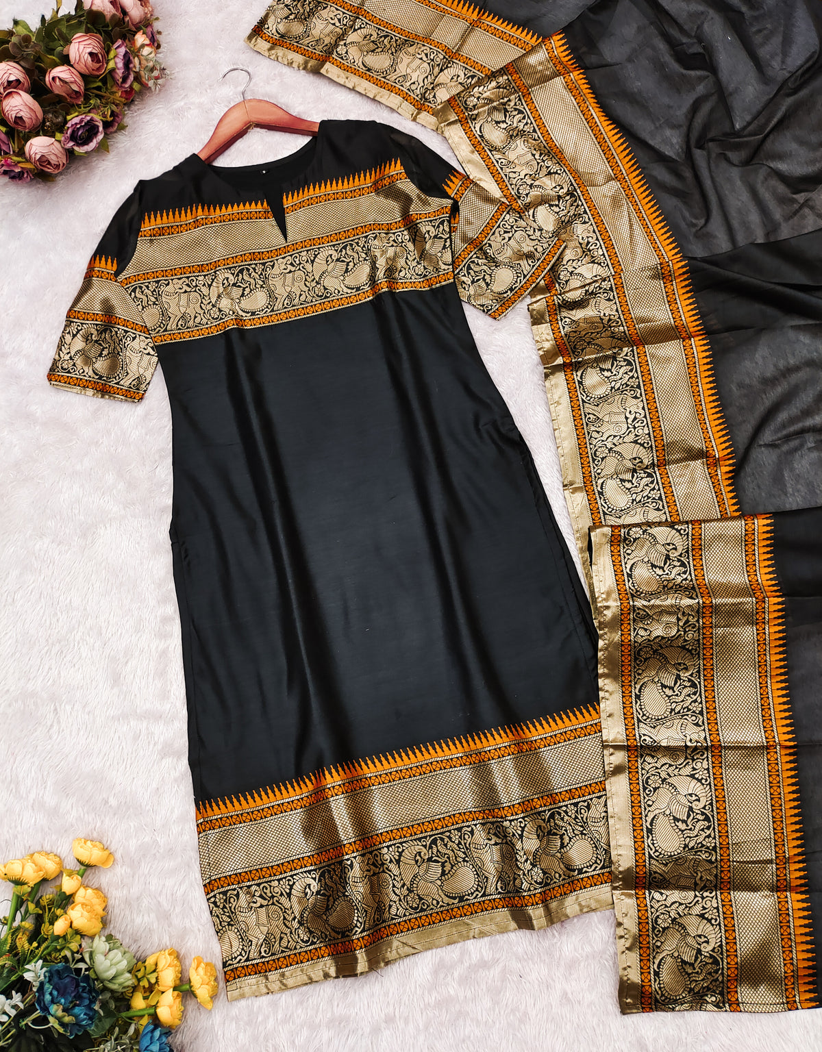 Black And Yellow Shade Pure Kanchi Cotton Salwar With Duppata For Women
