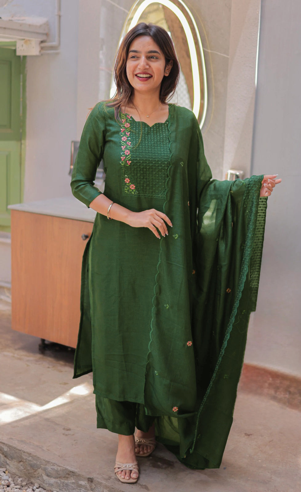 Women l Embroidered Thread Work Chanderi Cotton Kurti & Trousers & Dupatta