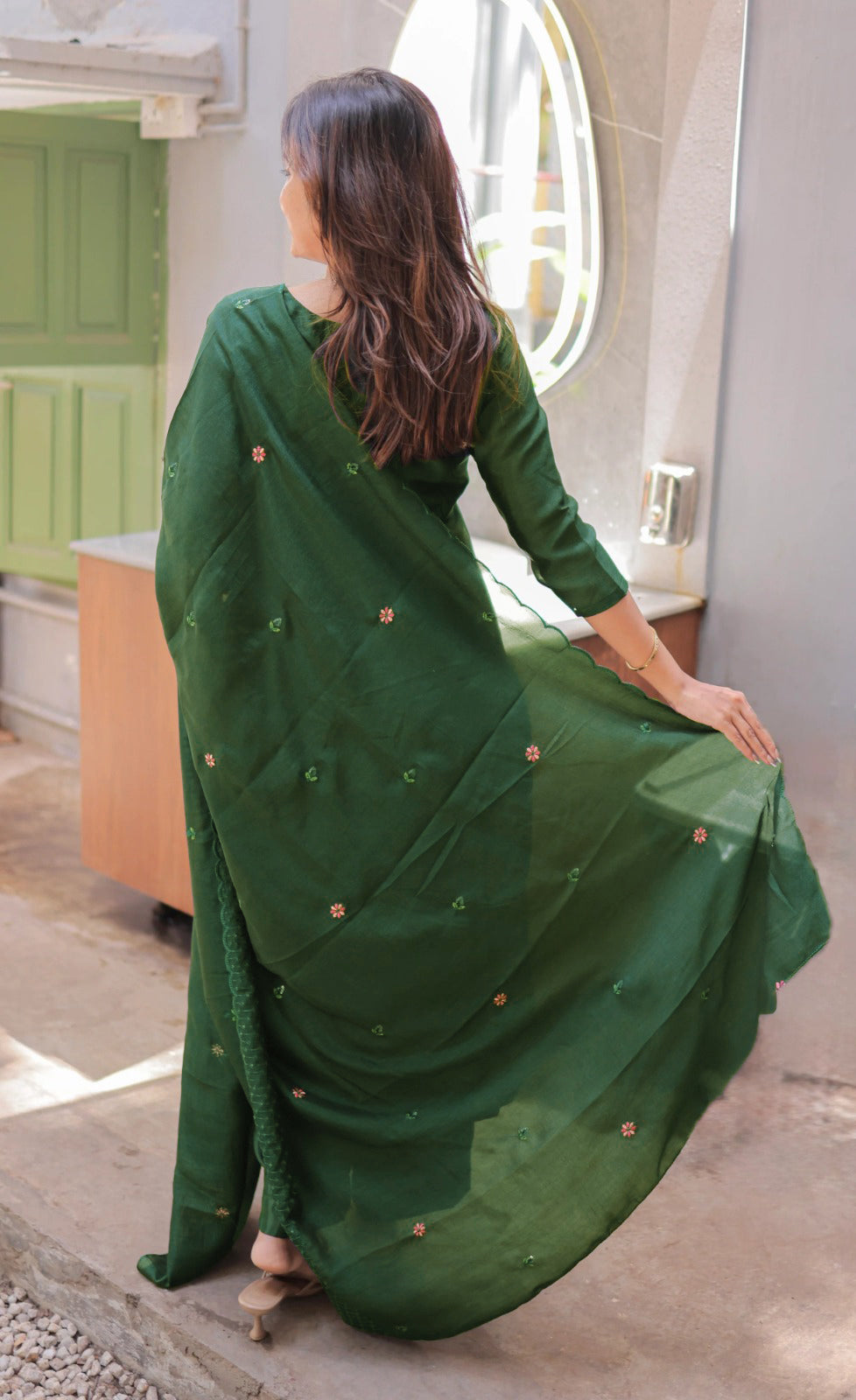 Women l Embroidered Thread Work Chanderi Cotton Kurti & Trousers & Dupatta