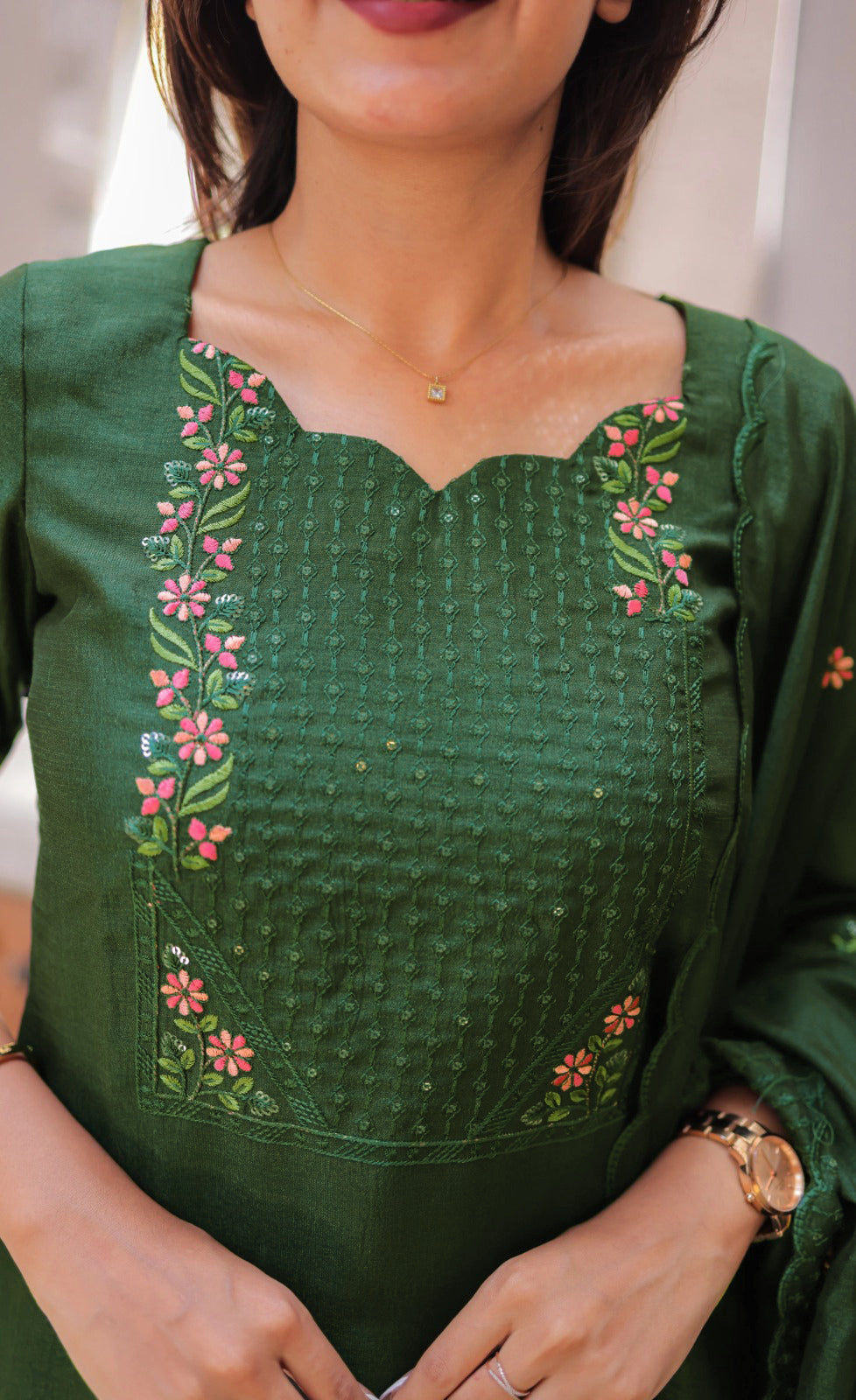 Women l Embroidered Thread Work Chanderi Cotton Kurti & Trousers & Dupatta