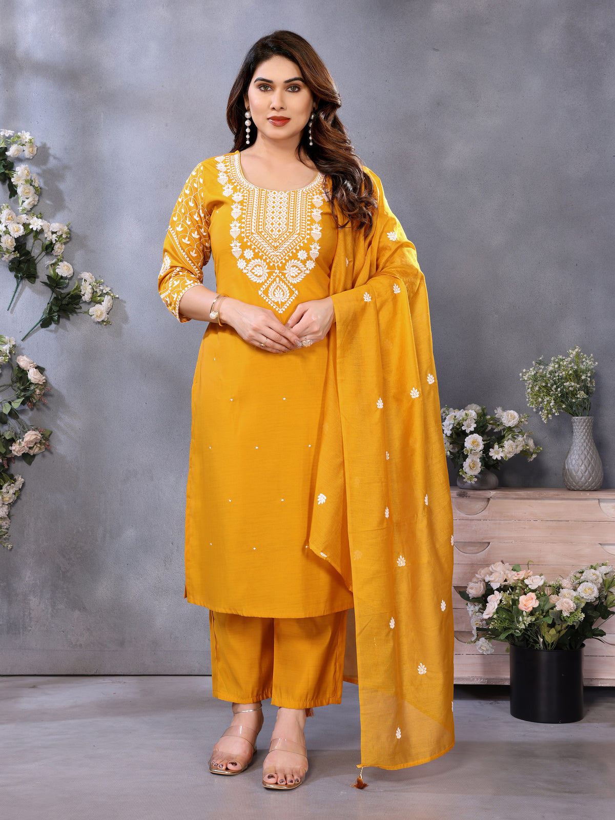 Women Embroidered Straight Kurta Suit Set