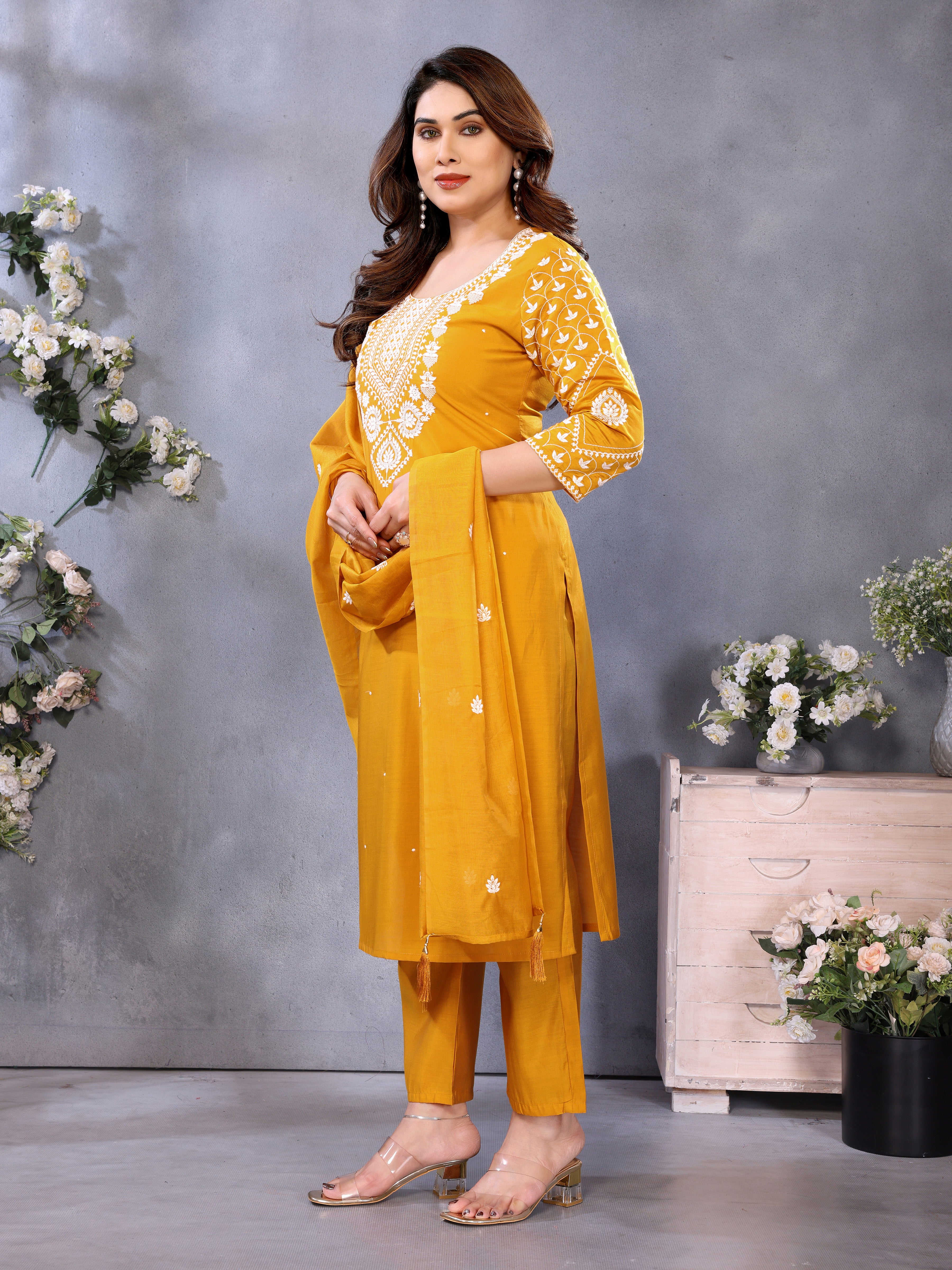 Women Embroidered Straight Kurta Suit Set