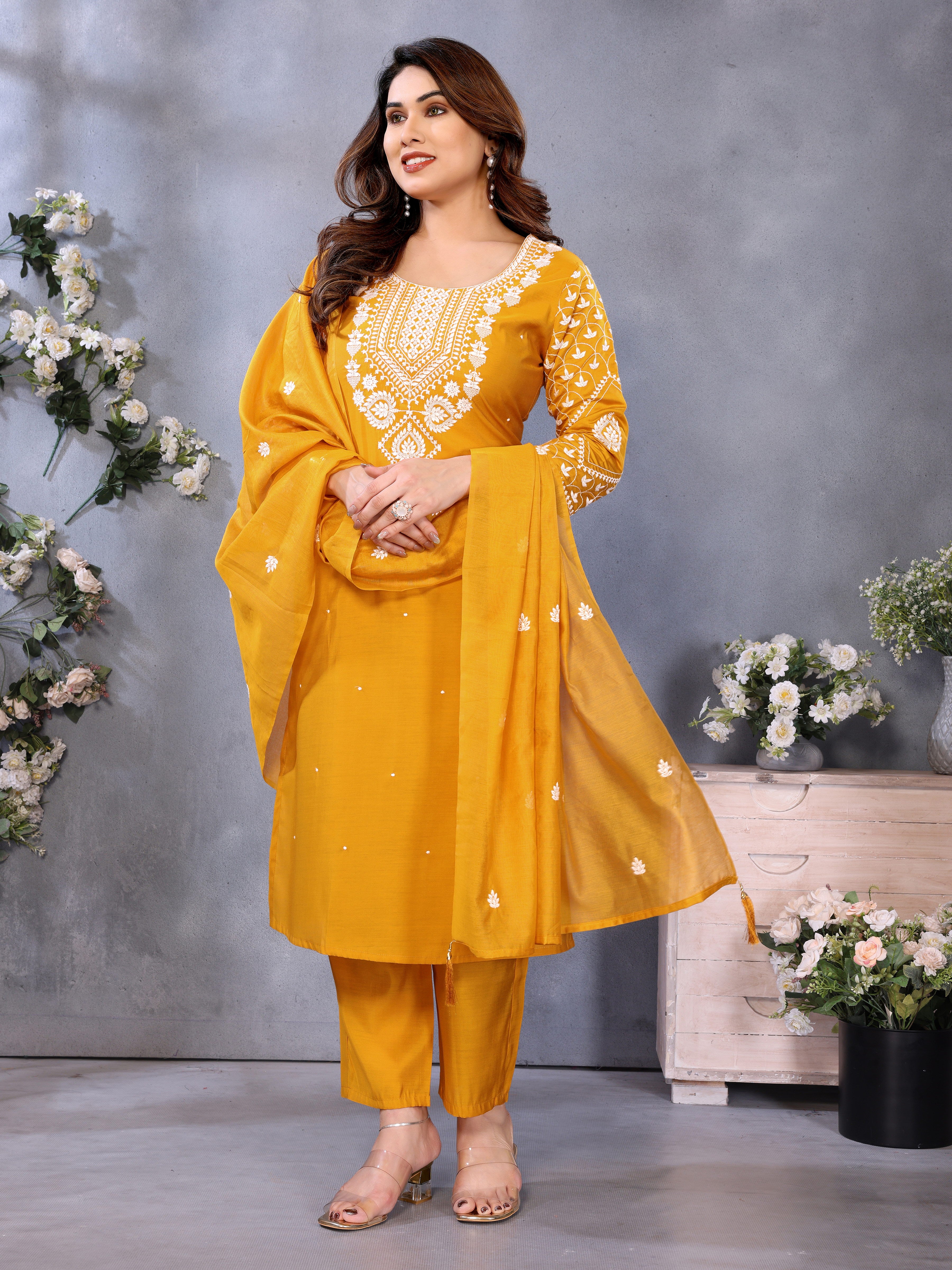 Women Embroidered Straight Kurta Suit Set
