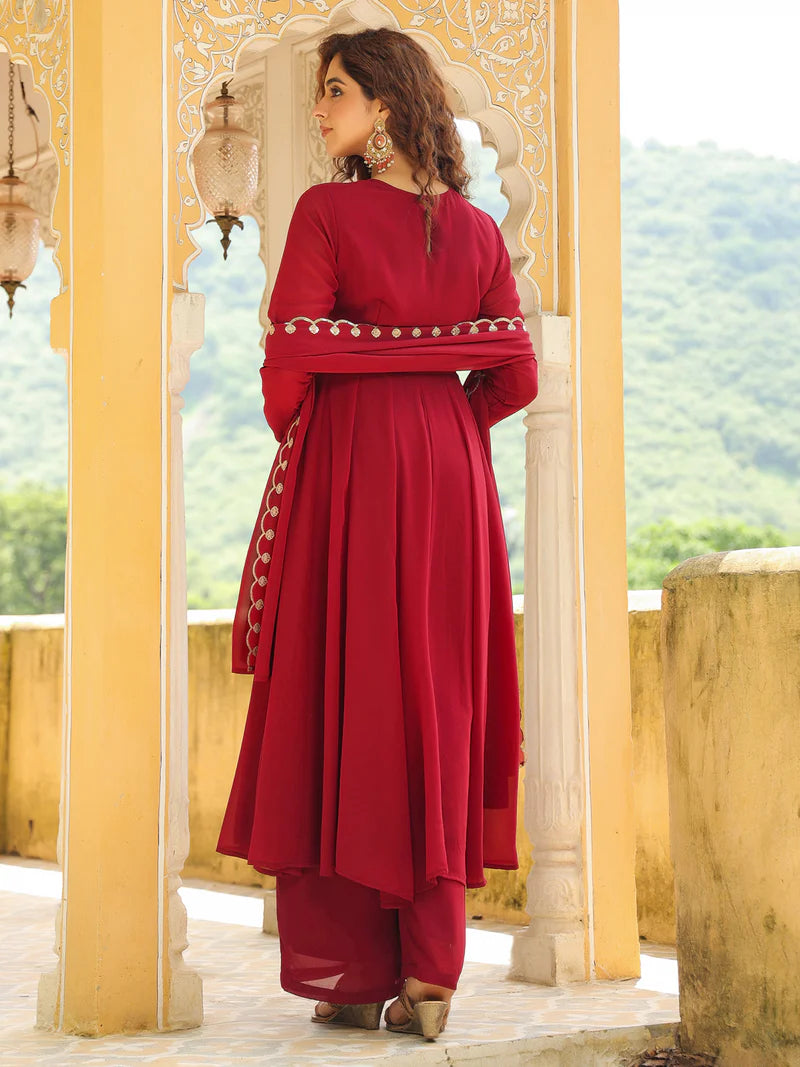 Floral Embroidered Georgette Anarkali Kurta with Palazzo & Dupatta Set