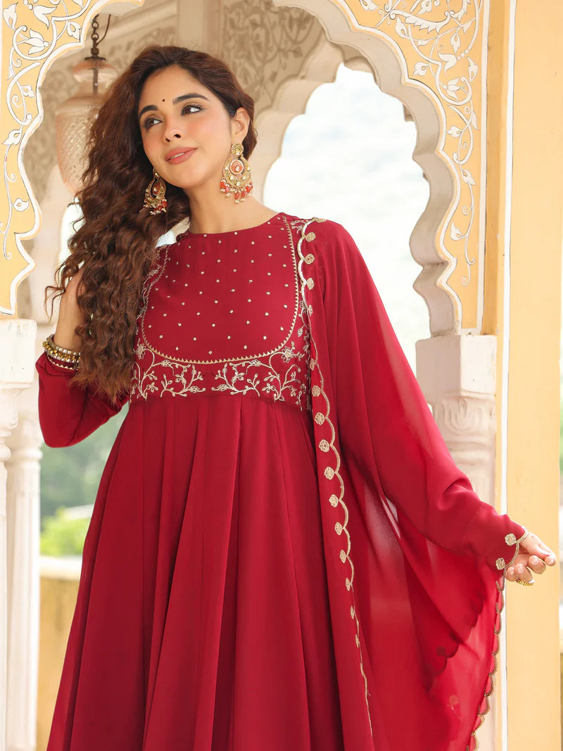 Floral Embroidered Georgette Anarkali Kurta with Palazzo & Dupatta Set