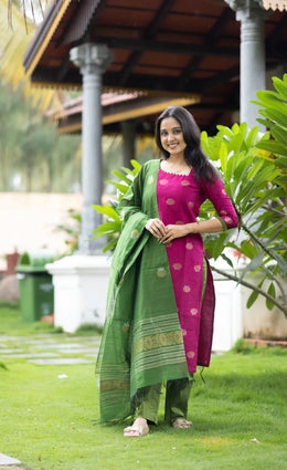 Summer Special Women Pure Cotton Ethnic Kurta with Trousers & With Dupatta