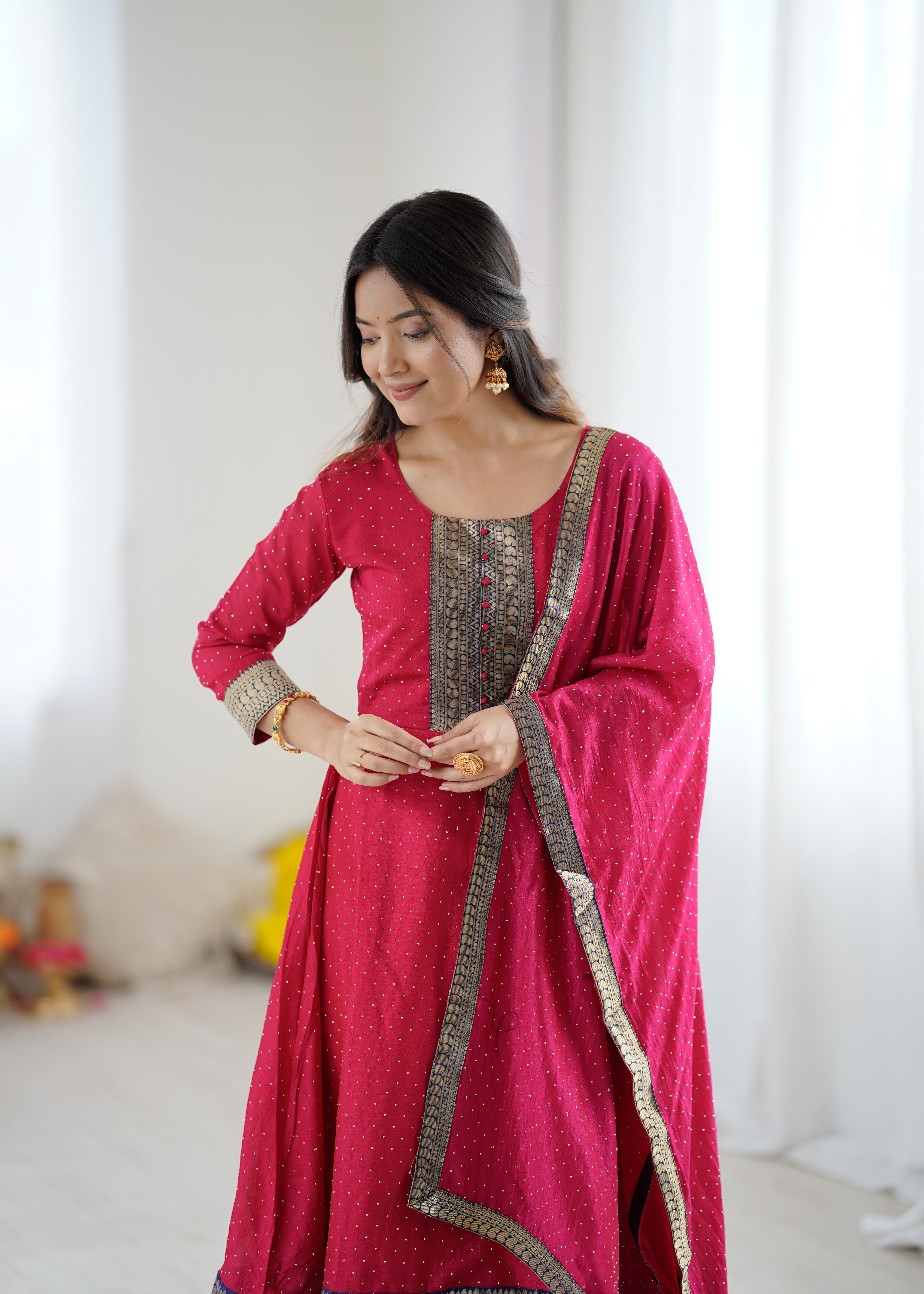 Premium Quality Pink Bluming Vichitra fabric with Jacquard Weaving Lace Border Duptta Gown