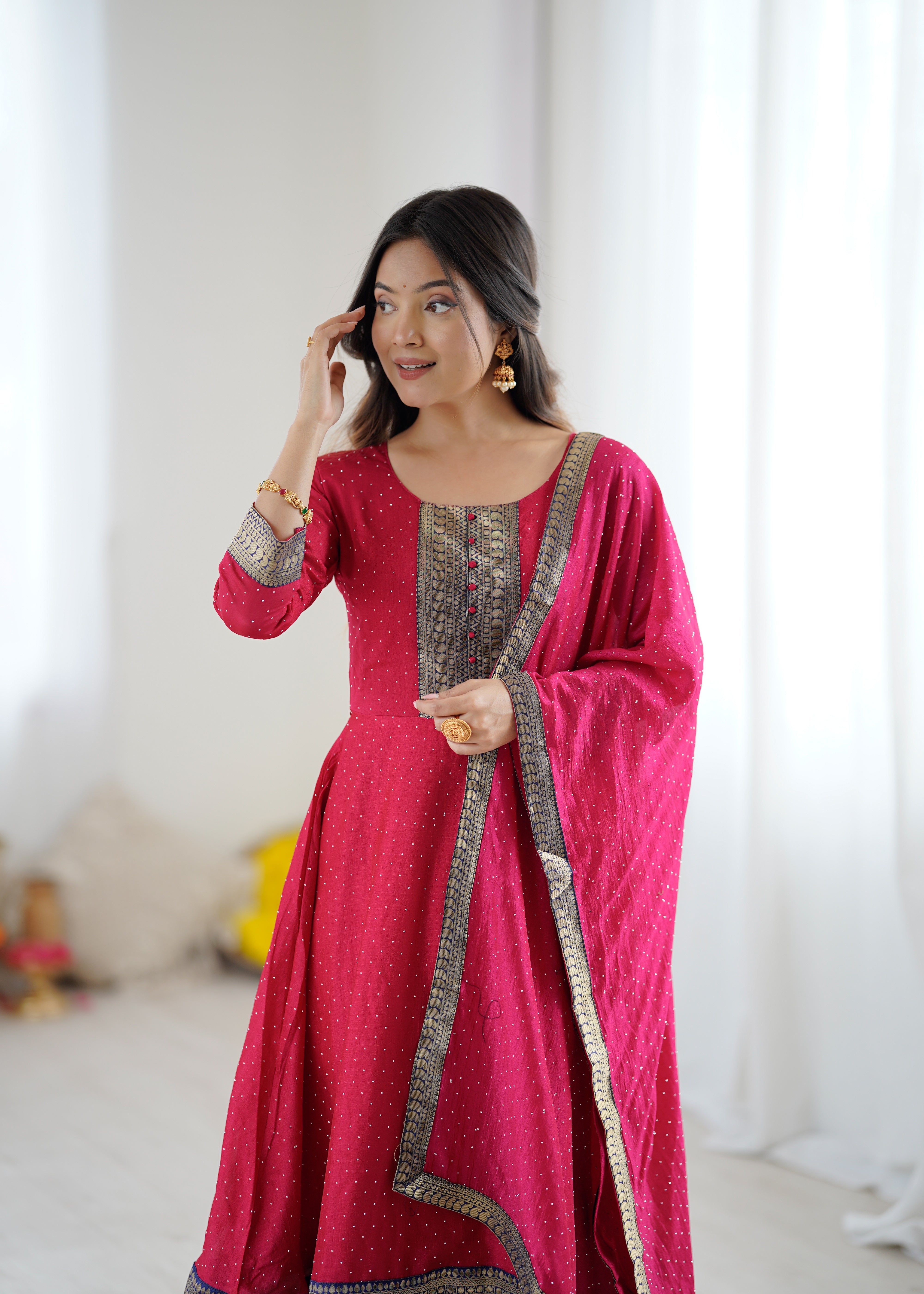 Premium Quality Pink Bluming Vichitra fabric with Jacquard Weaving Lace Border Duptta Gown
