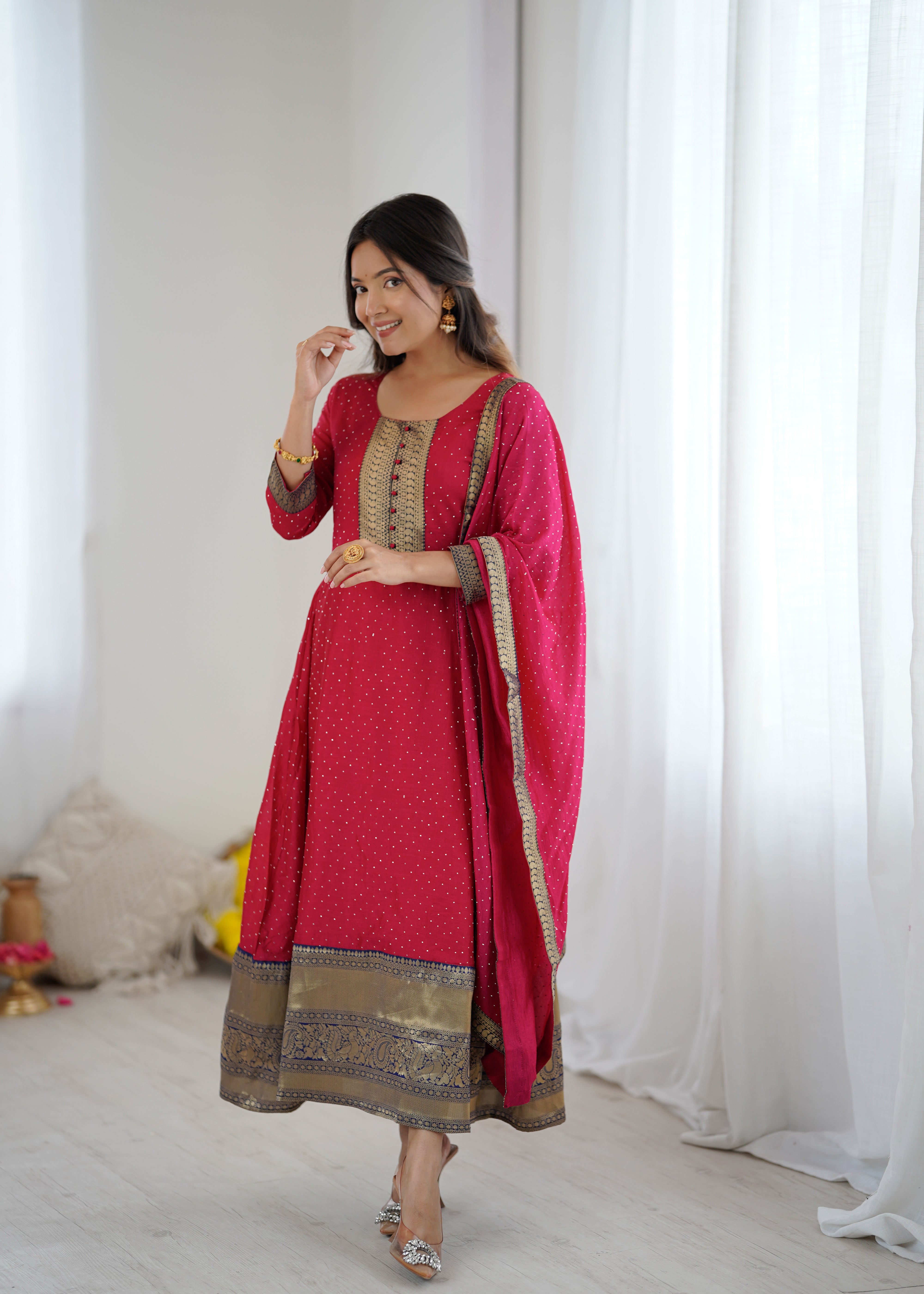 Premium Quality Pink Bluming Vichitra fabric with Jacquard Weaving Lace Border Duptta Gown