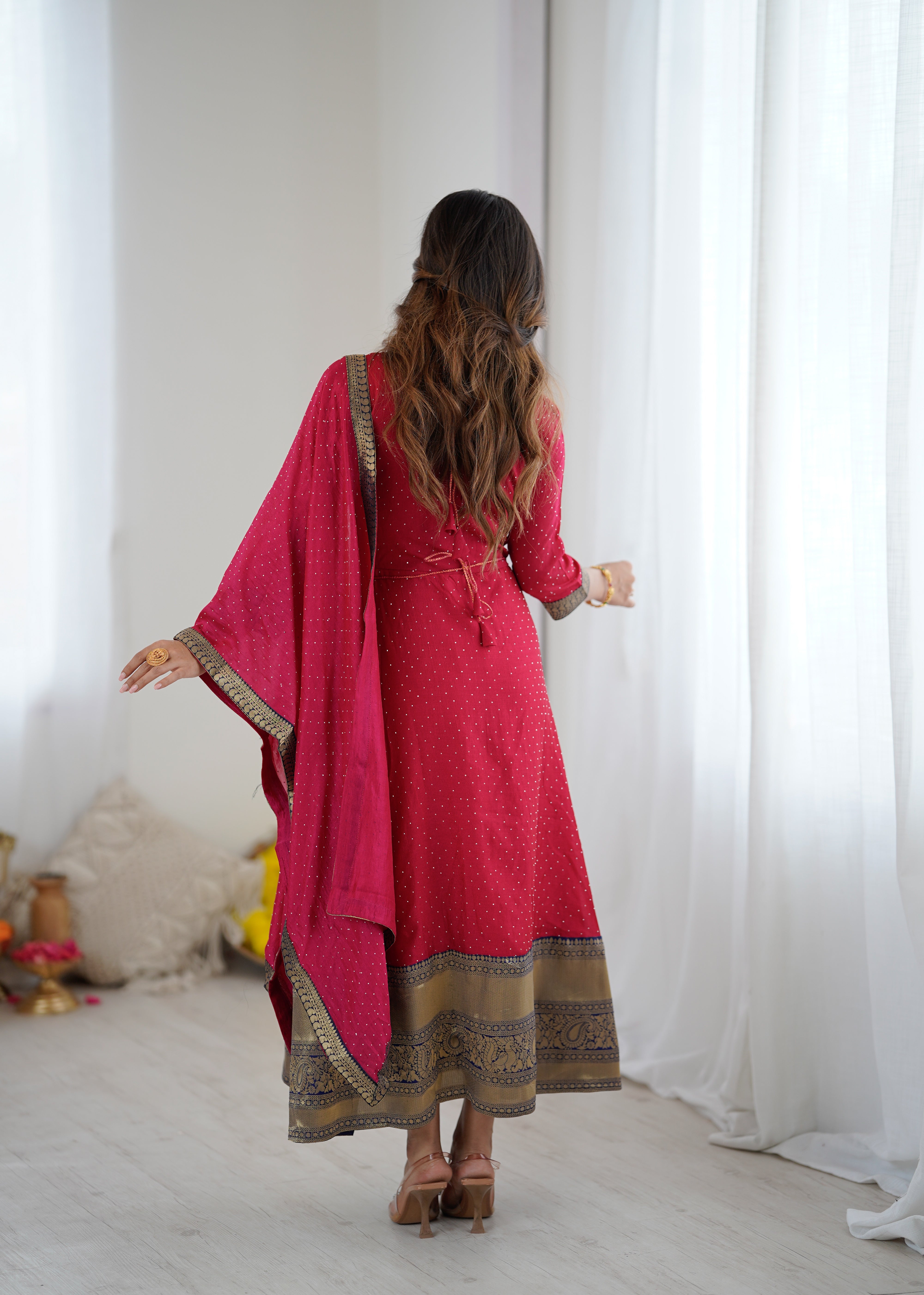 Premium Quality Pink Bluming Vichitra fabric with Jacquard Weaving Lace Border Duptta Gown