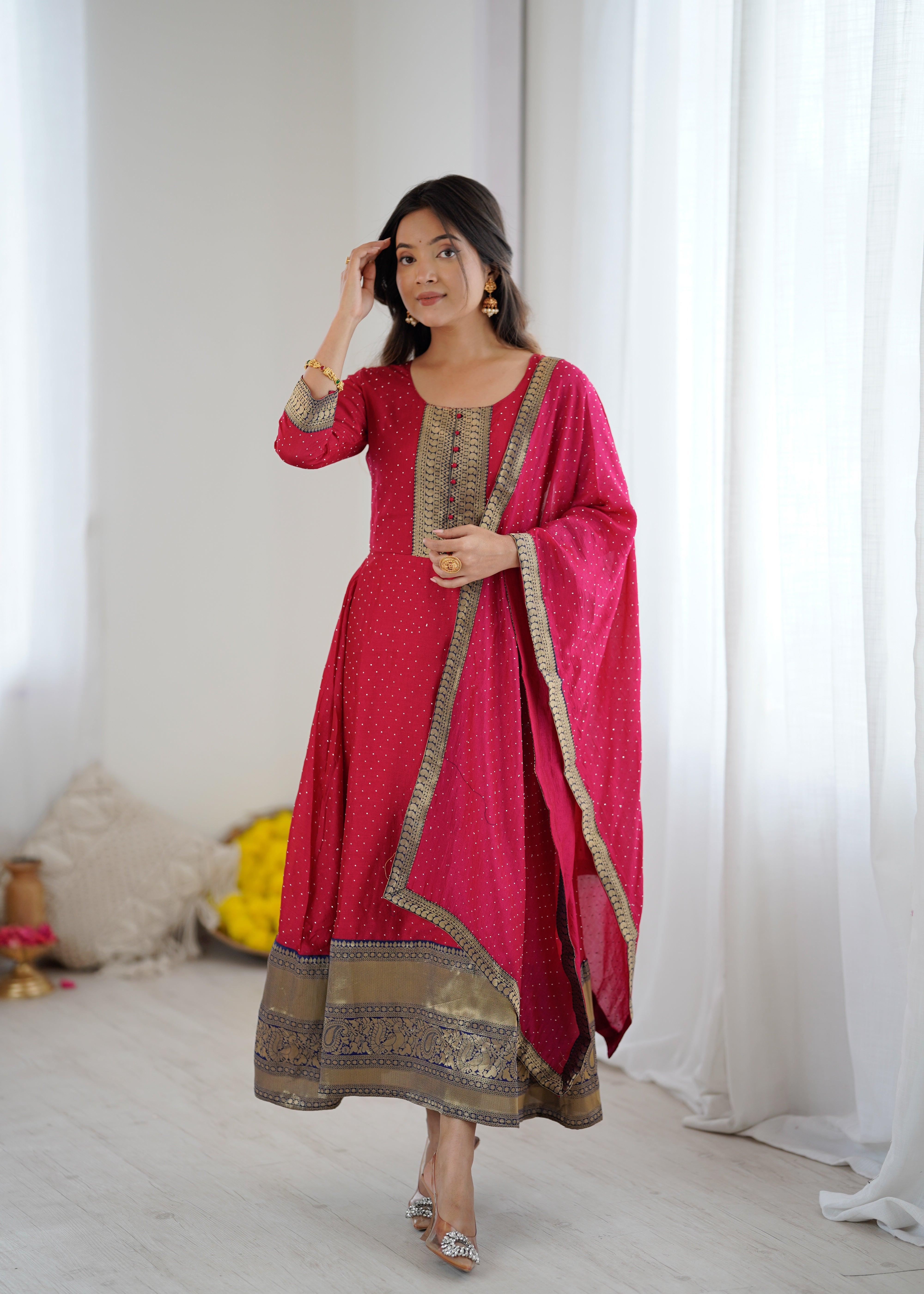 Premium Quality Pink Bluming Vichitra fabric with Jacquard Weaving Lace Border Duptta Gown